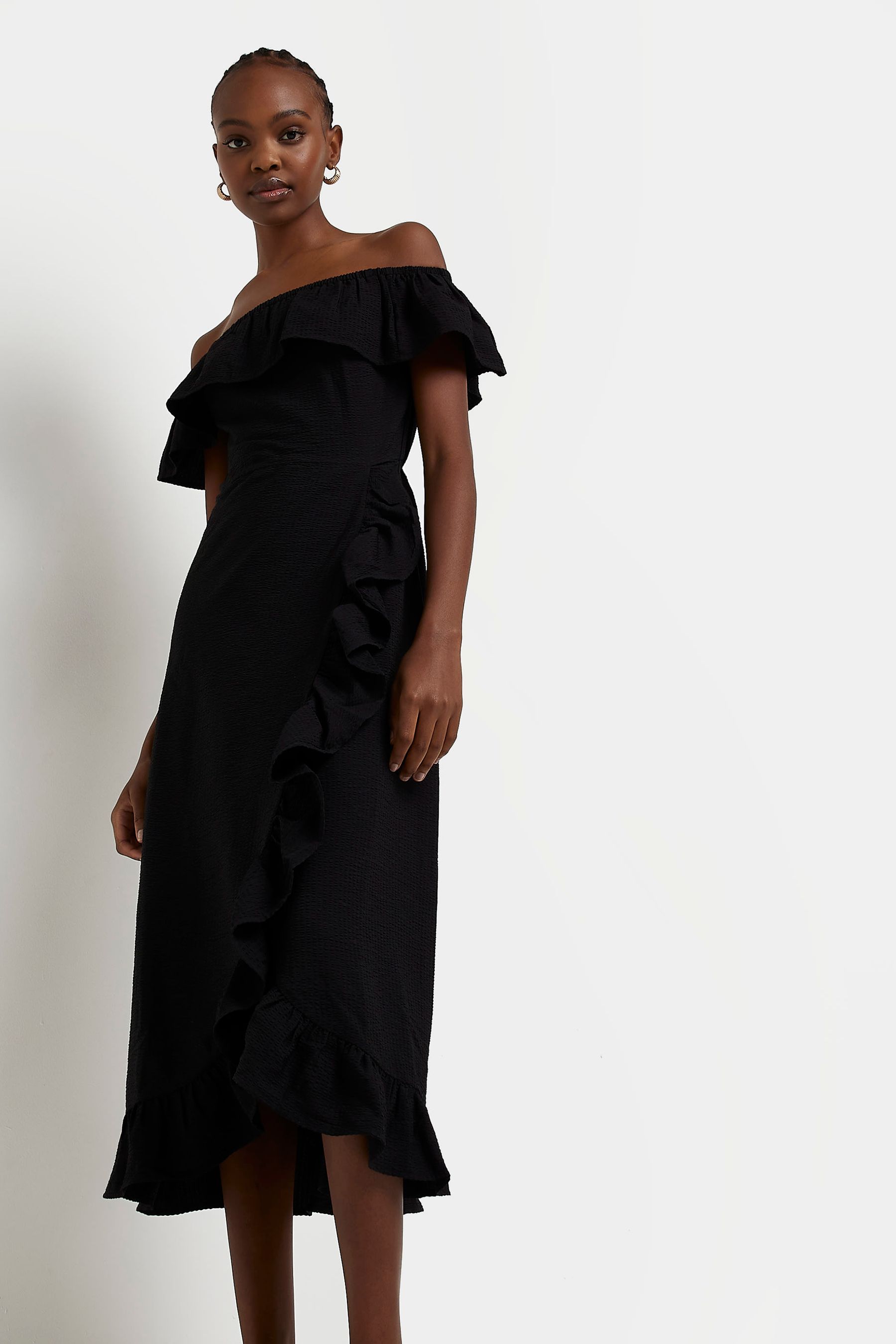 Buy River Island Black Bardot Frill Midi Dress from Next Luxembourg