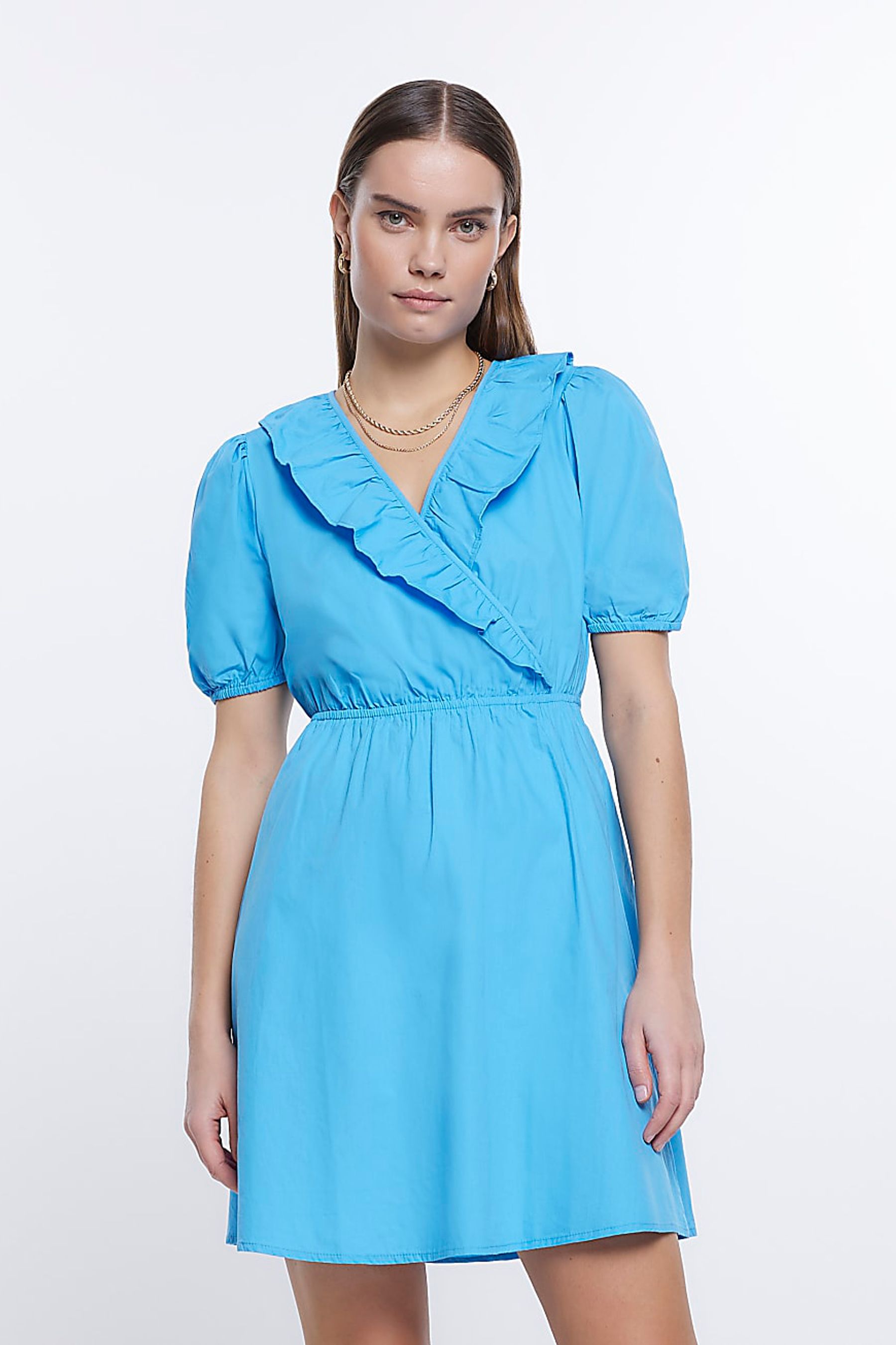 Buy River Island Blue Frill Wrap Mini 100 Cotton Dress from the Next UK online shop