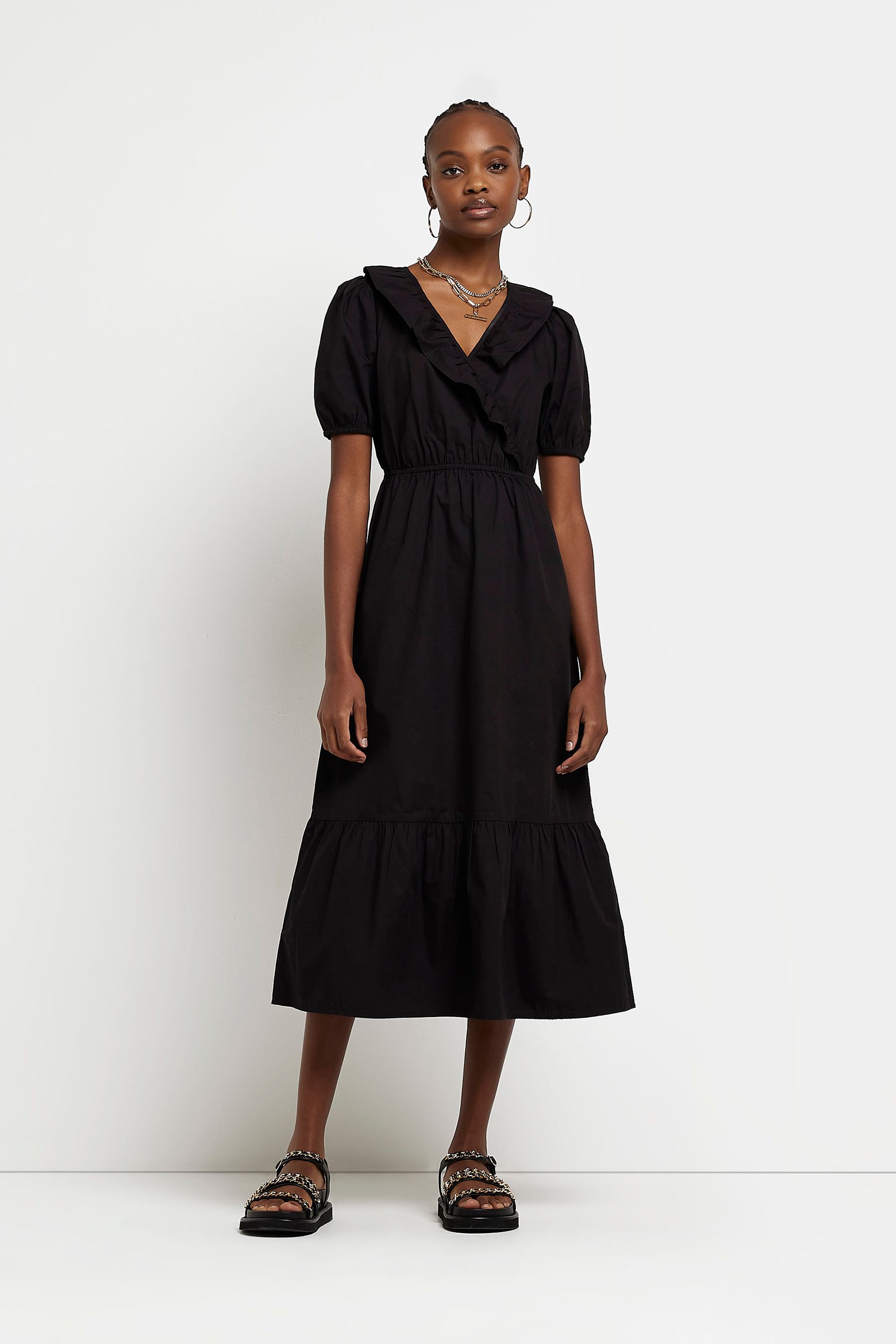 Buy River Island Black Frill Wrap Midi Dress from Next Luxembourg