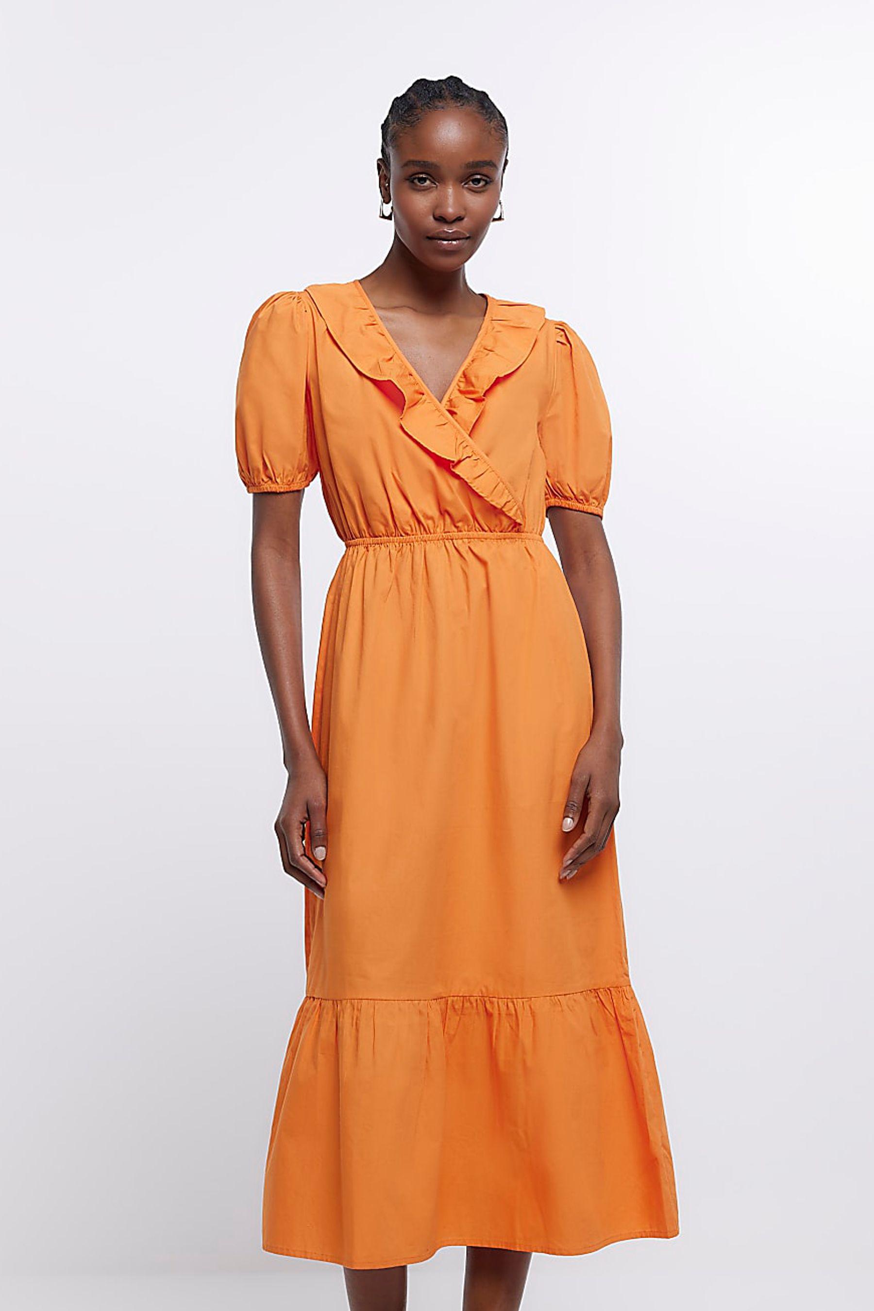 Buy River Island Orange Frill Wrap Midi 100 Cotton Dress from the Next UK online shop