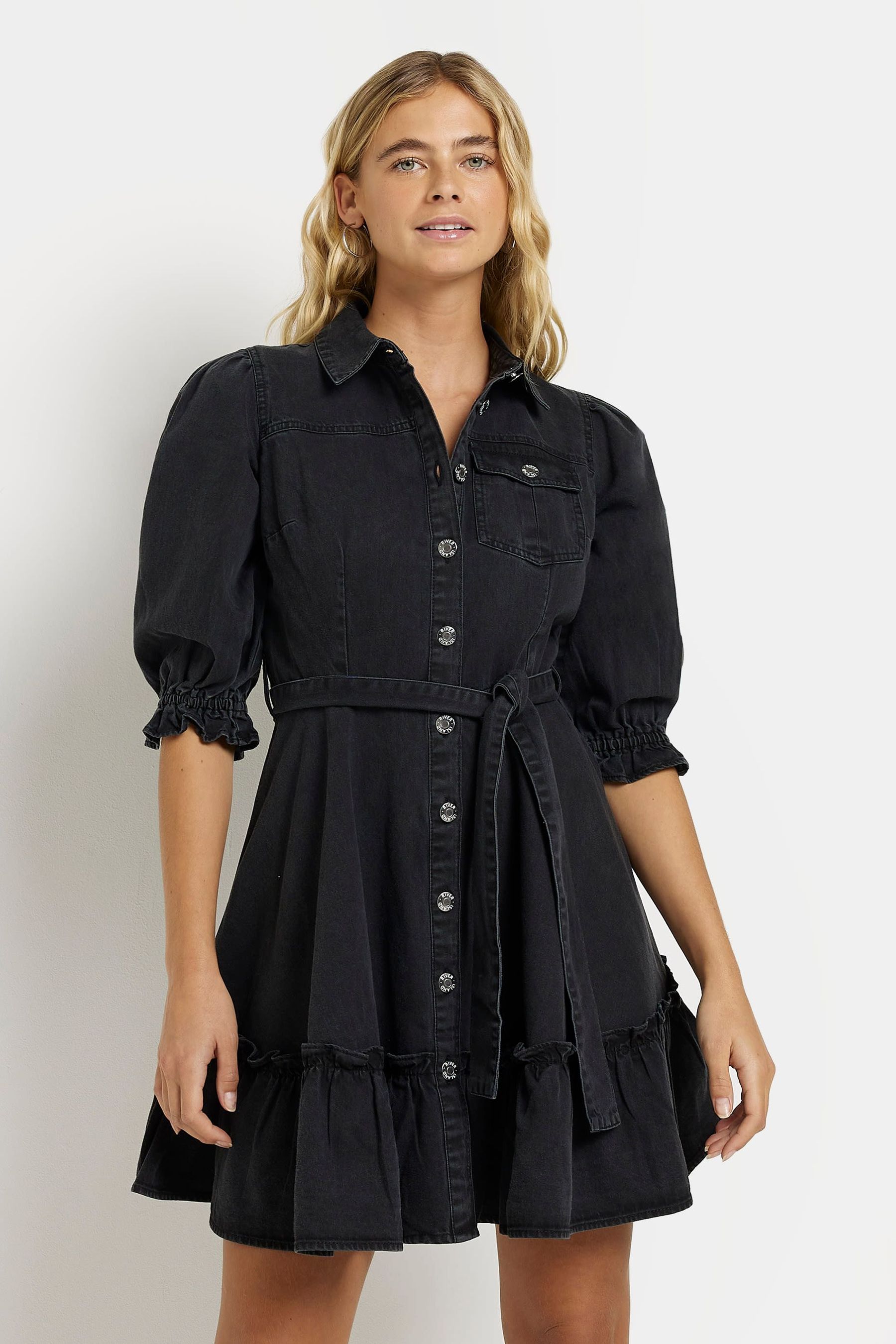 Buy River Island Black Frill Hem Denim Mini Dress from Next Luxembourg