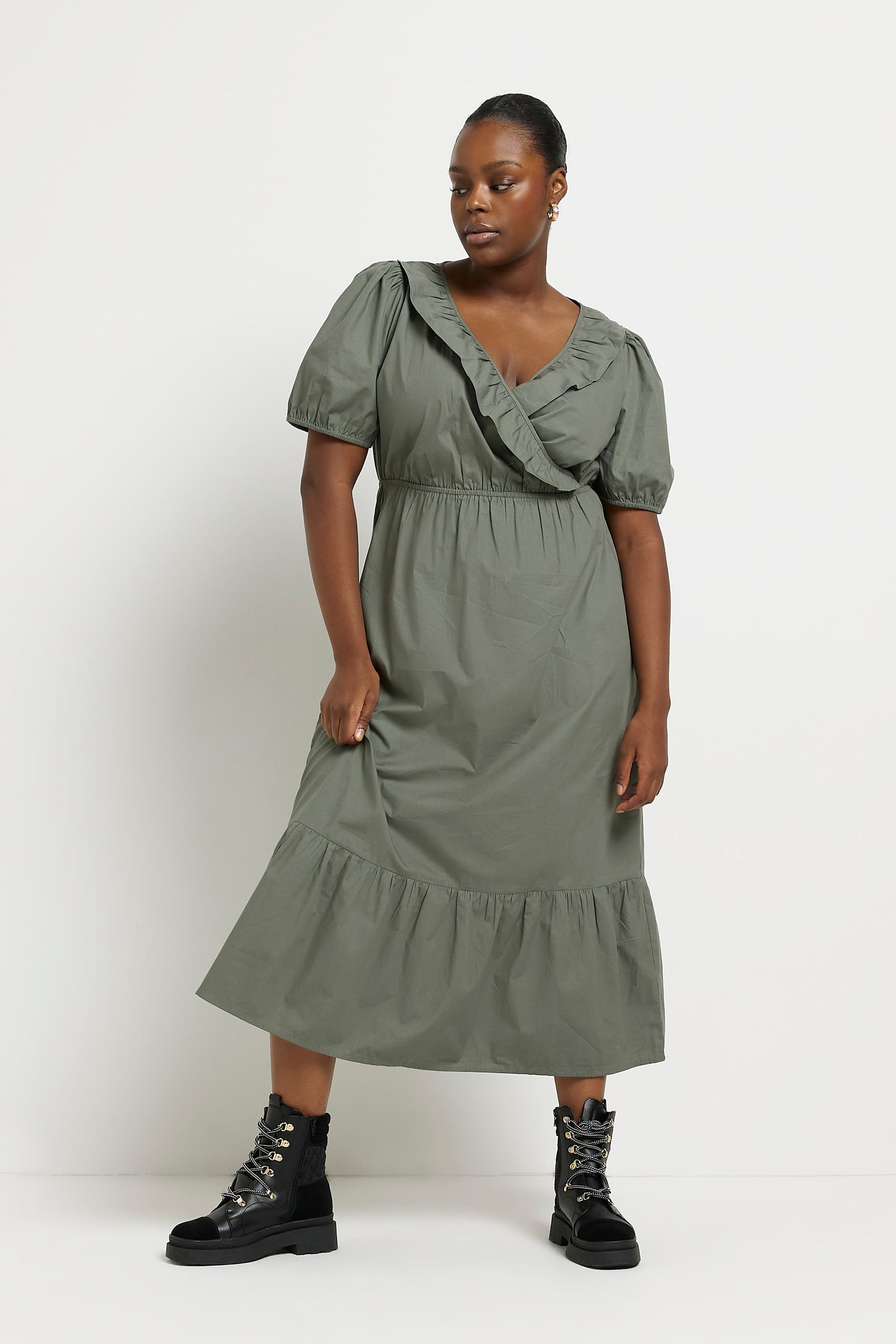 Buy River Island Plus Khaki Green Frill Wrap Midi Dress from Next Luxembourg