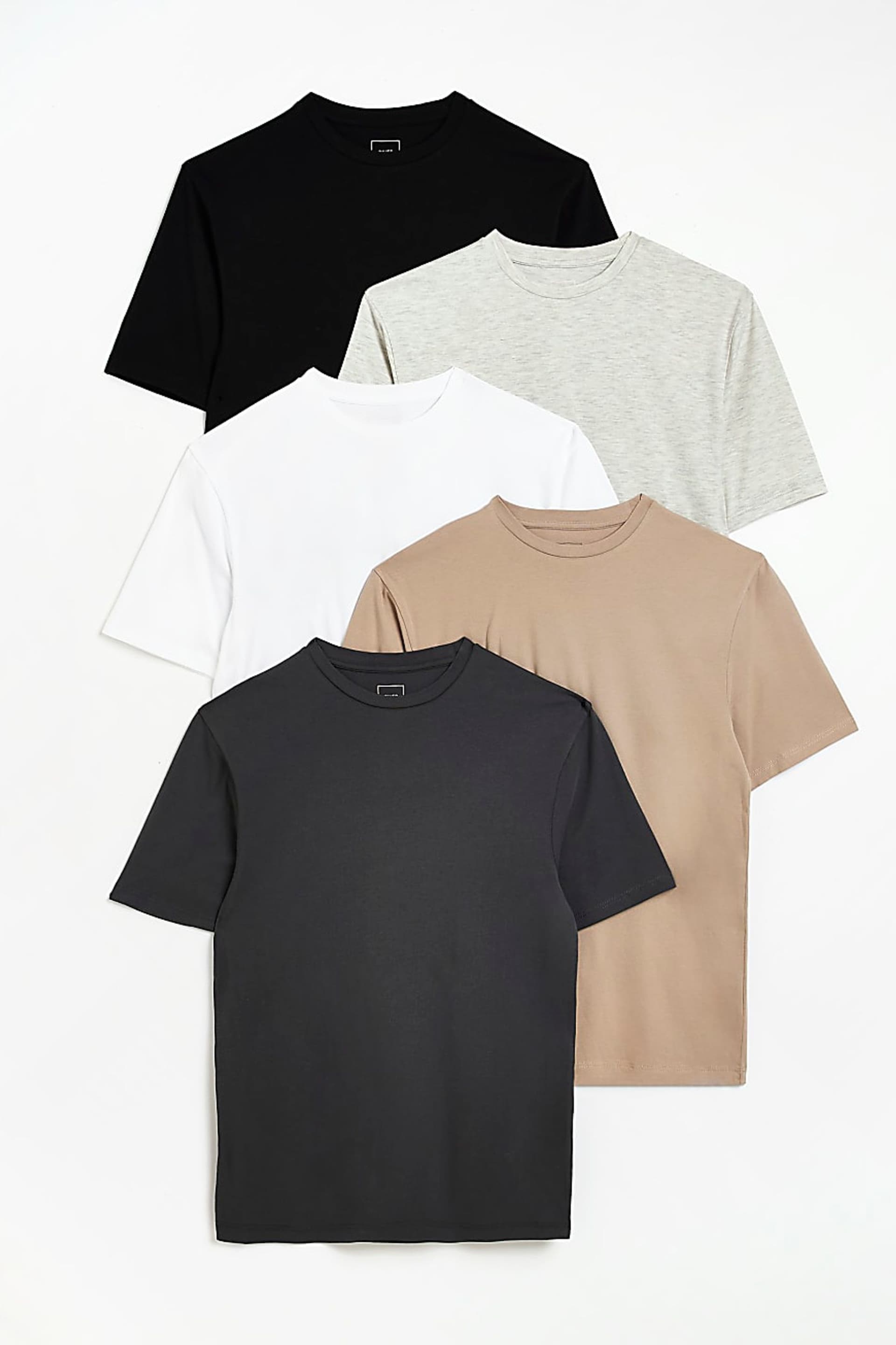 River Island Black/Grey/Beige/White Muscle T-Shirts 5 Pack - Image 1 of 5