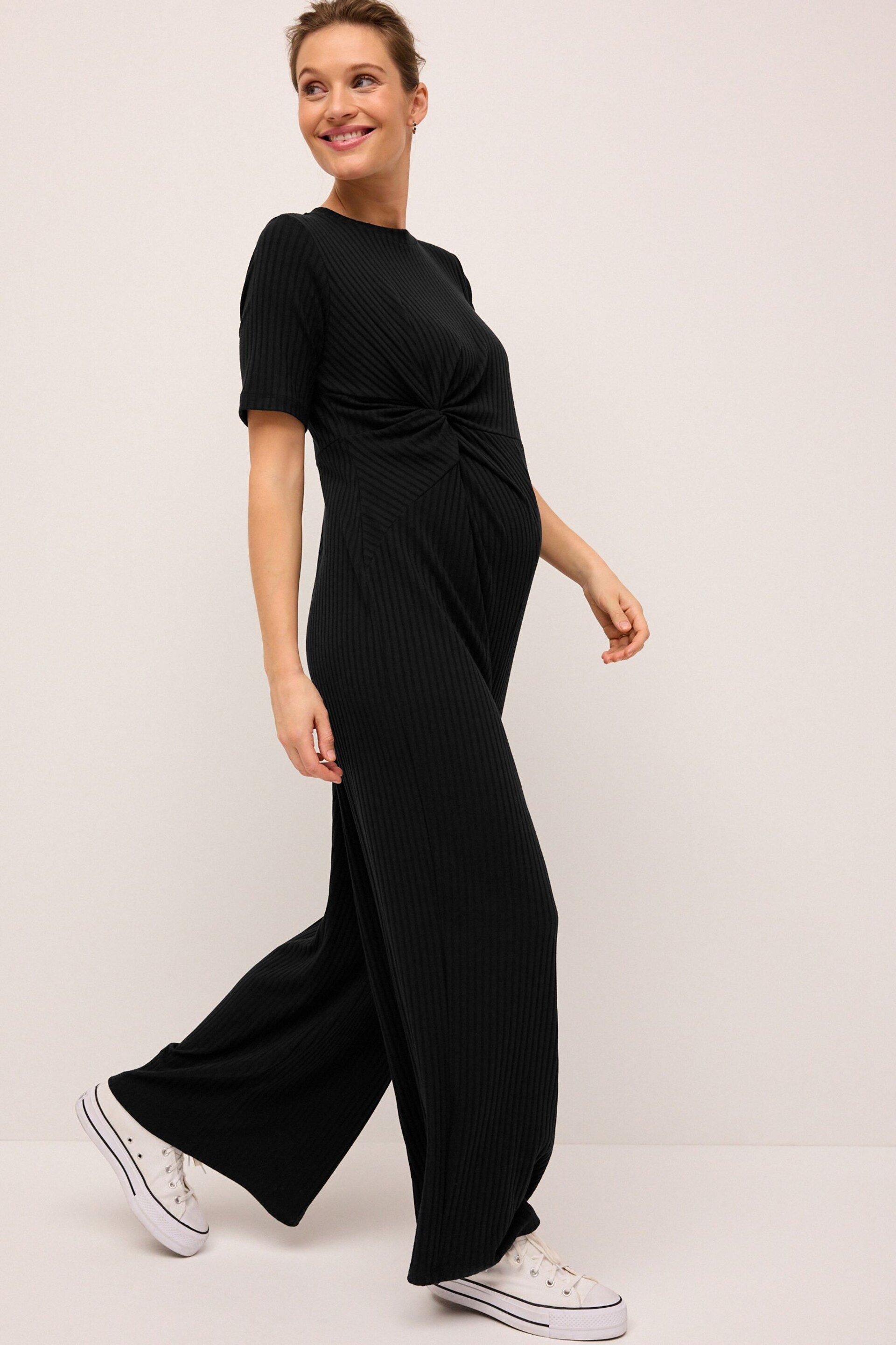 Black Ribbed Knot Side Jumpsuit - Image 2 of 7