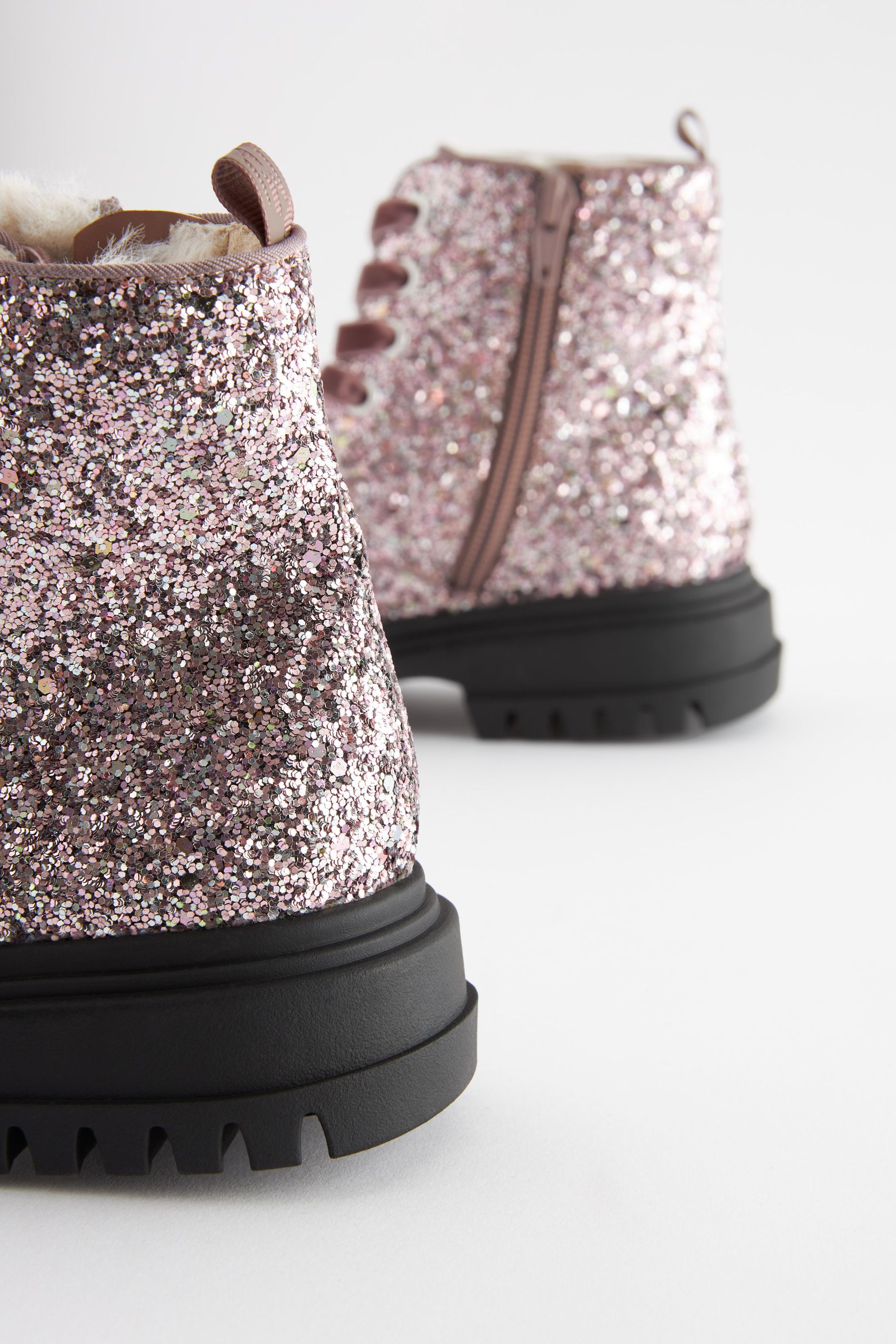 Buy Pink Glitter Chunky Lace Up Warm Lined Boots from Next Luxembourg