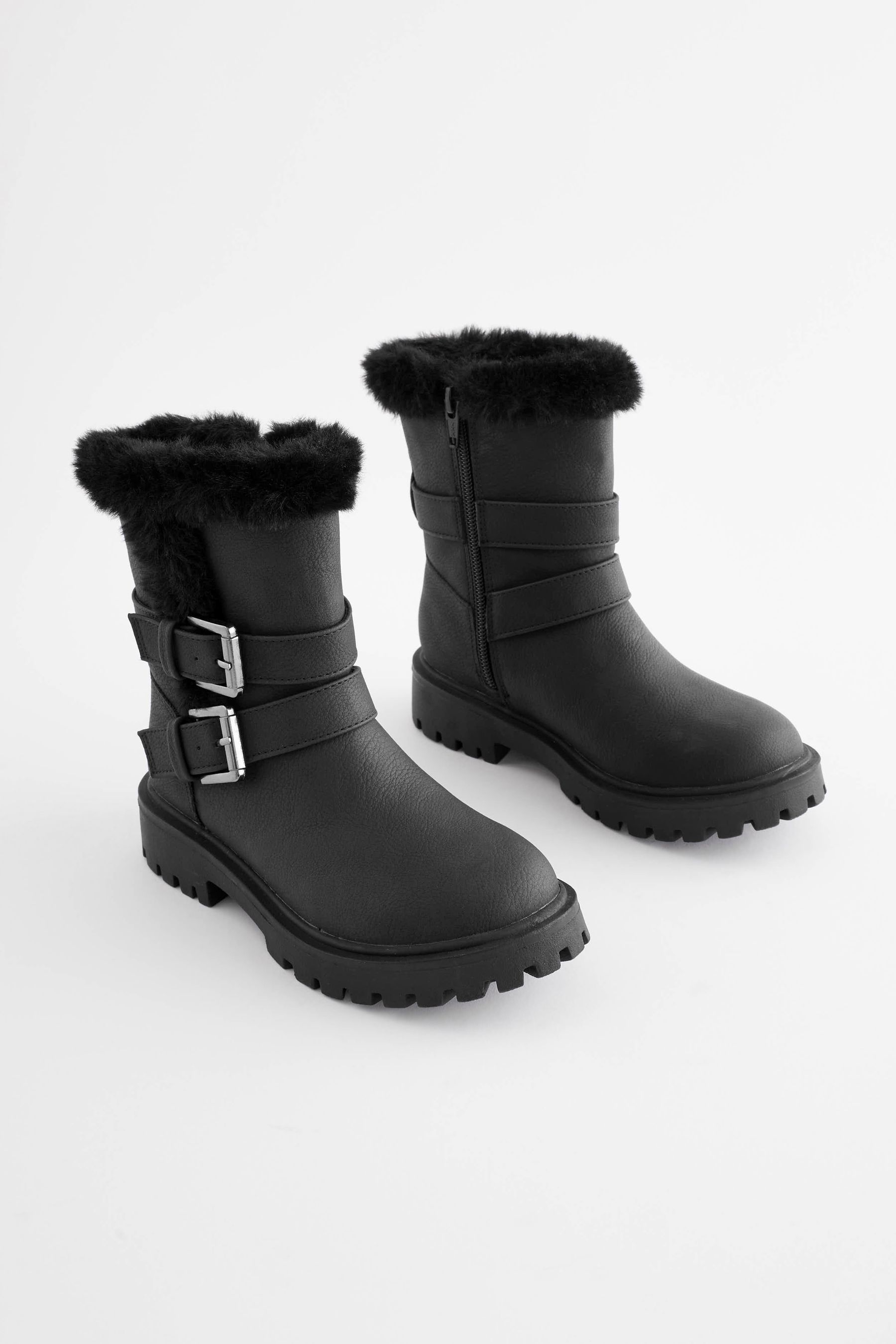 Buy Black Warm Faux Fur Lined Buckle Boots from Next Luxembourg