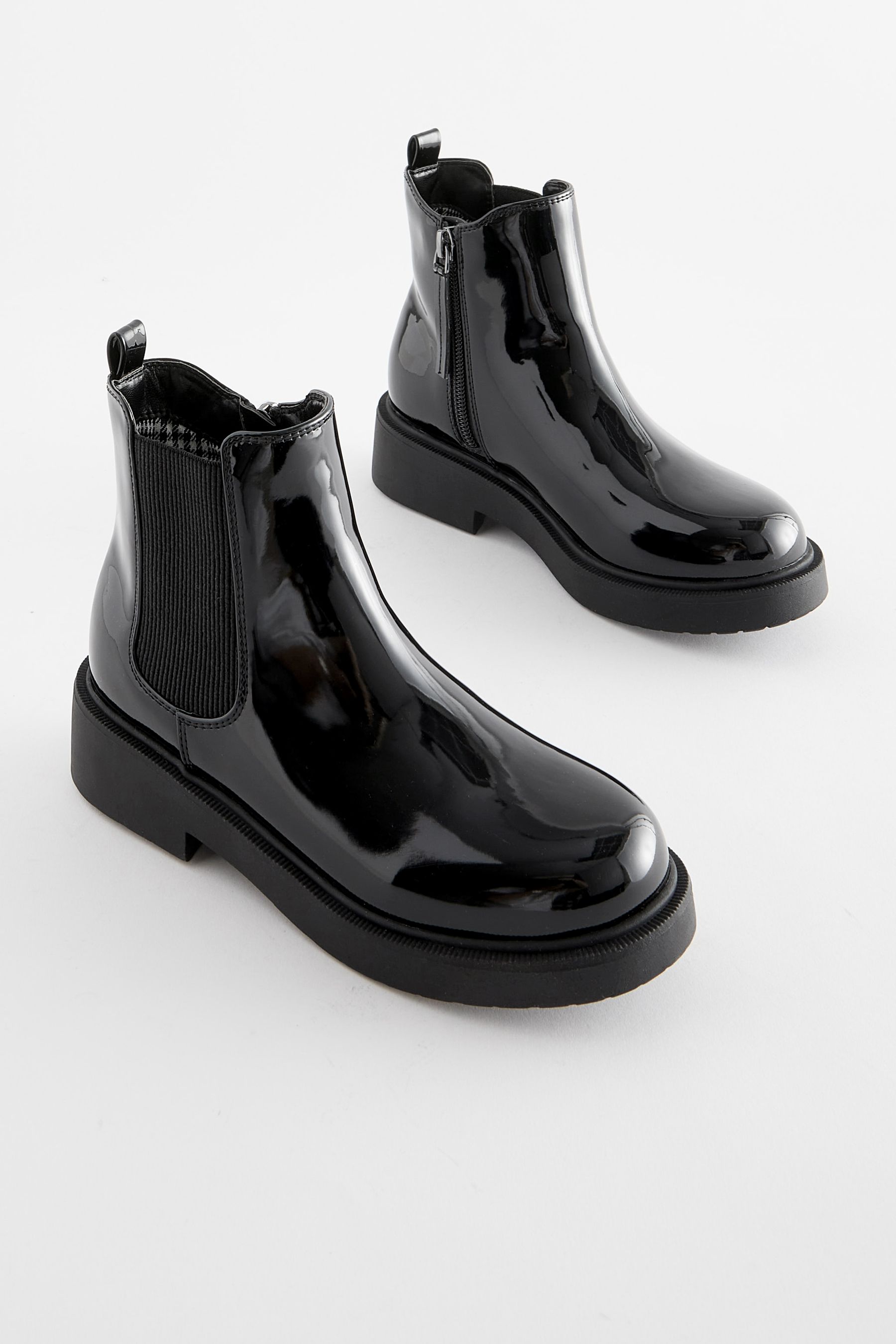 Chunky patent chelsea boots store