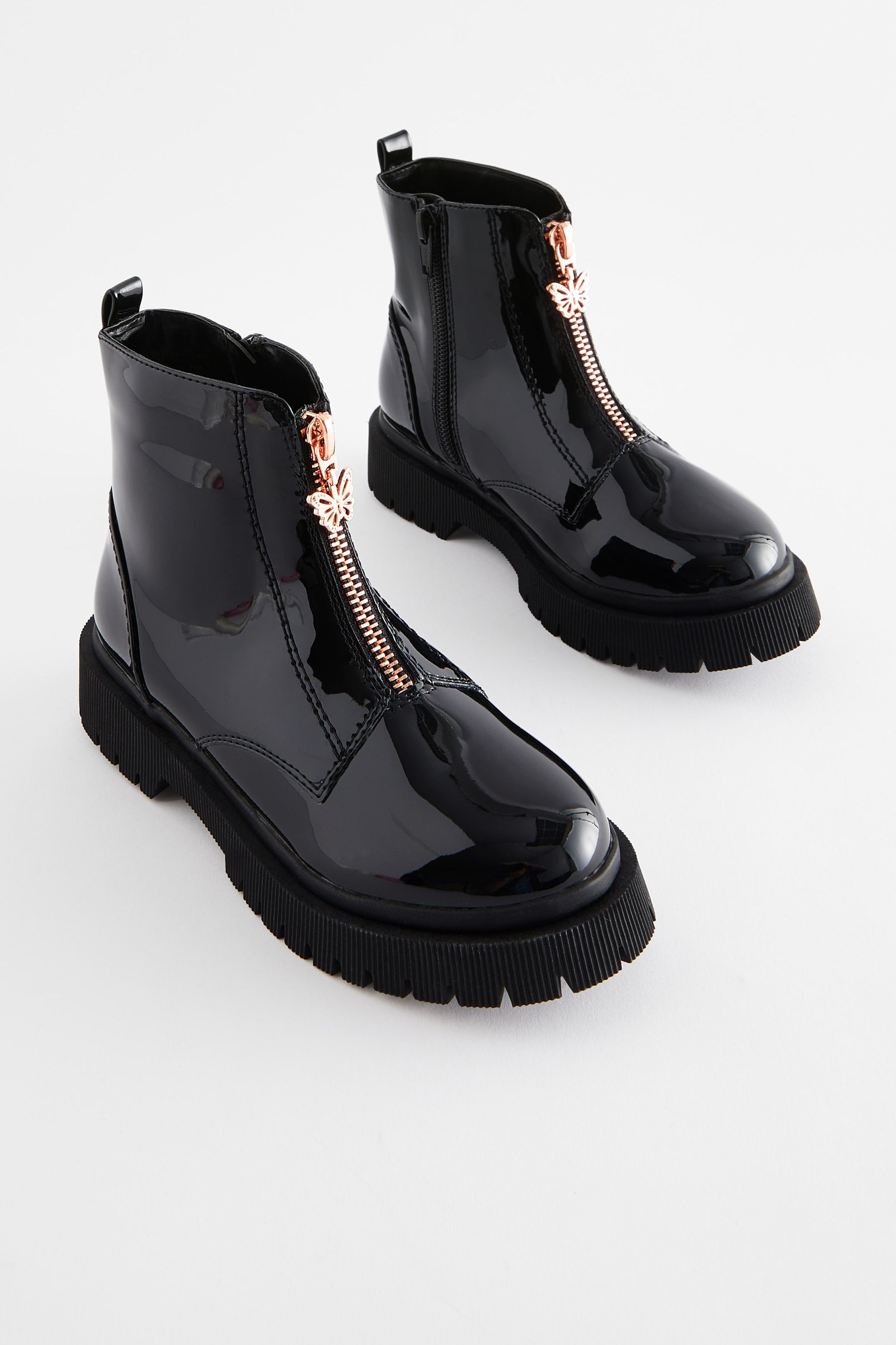 Buy Black Patent Zip Front Chunky Boots from Next Luxembourg