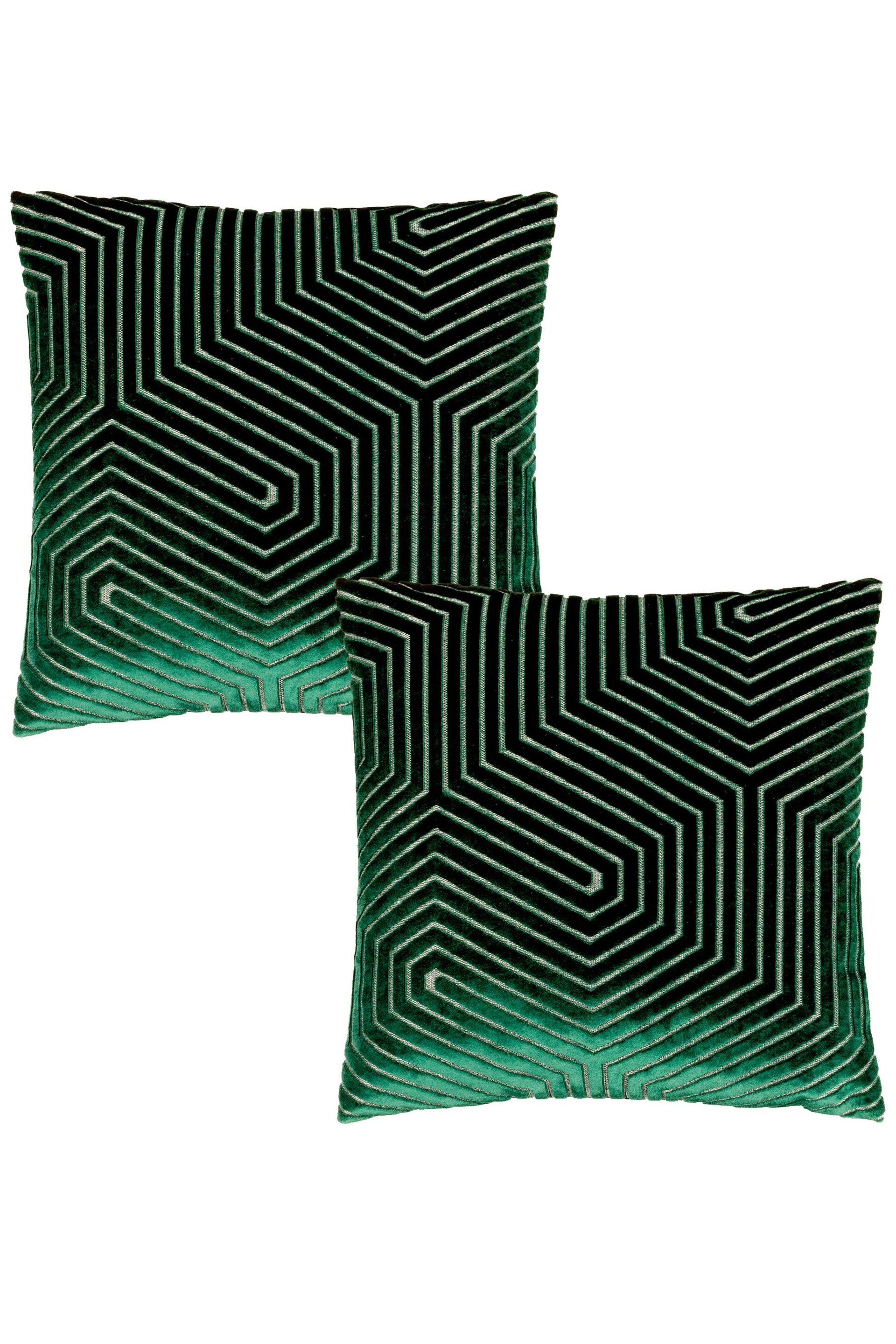 Riva Paoletti 2 Pack Green Evoke Geometric Cut Velvet Cushions - Image 1 of 6