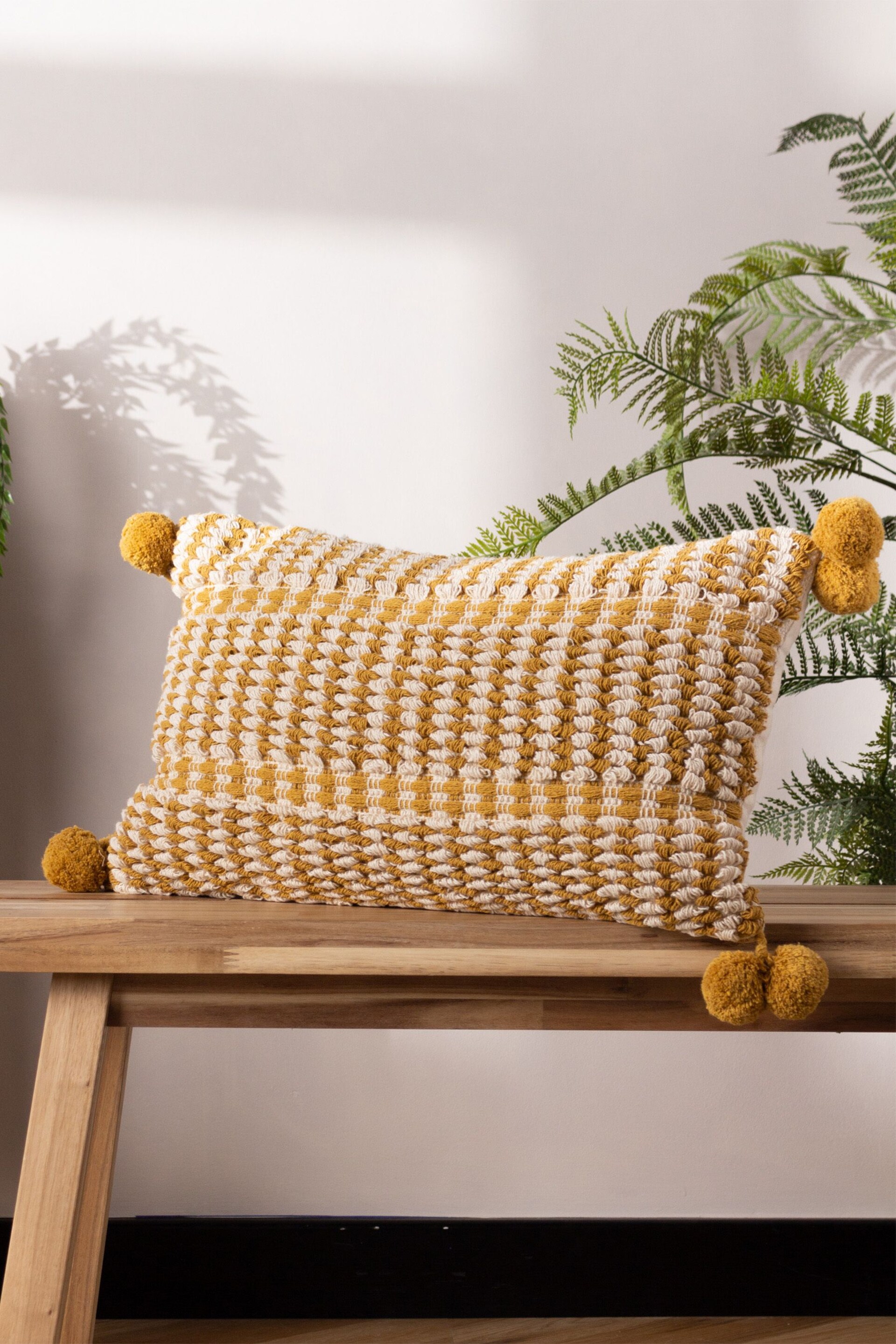 furn. Yellow Ayaan Woven Loop Tufted Cotton Double Pom Pom Cushion - Image 4 of 5