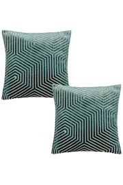Riva Paoletti 2 Pack Teal Blue Evoke Geometric Cut Velvet Cushions - Image 1 of 5