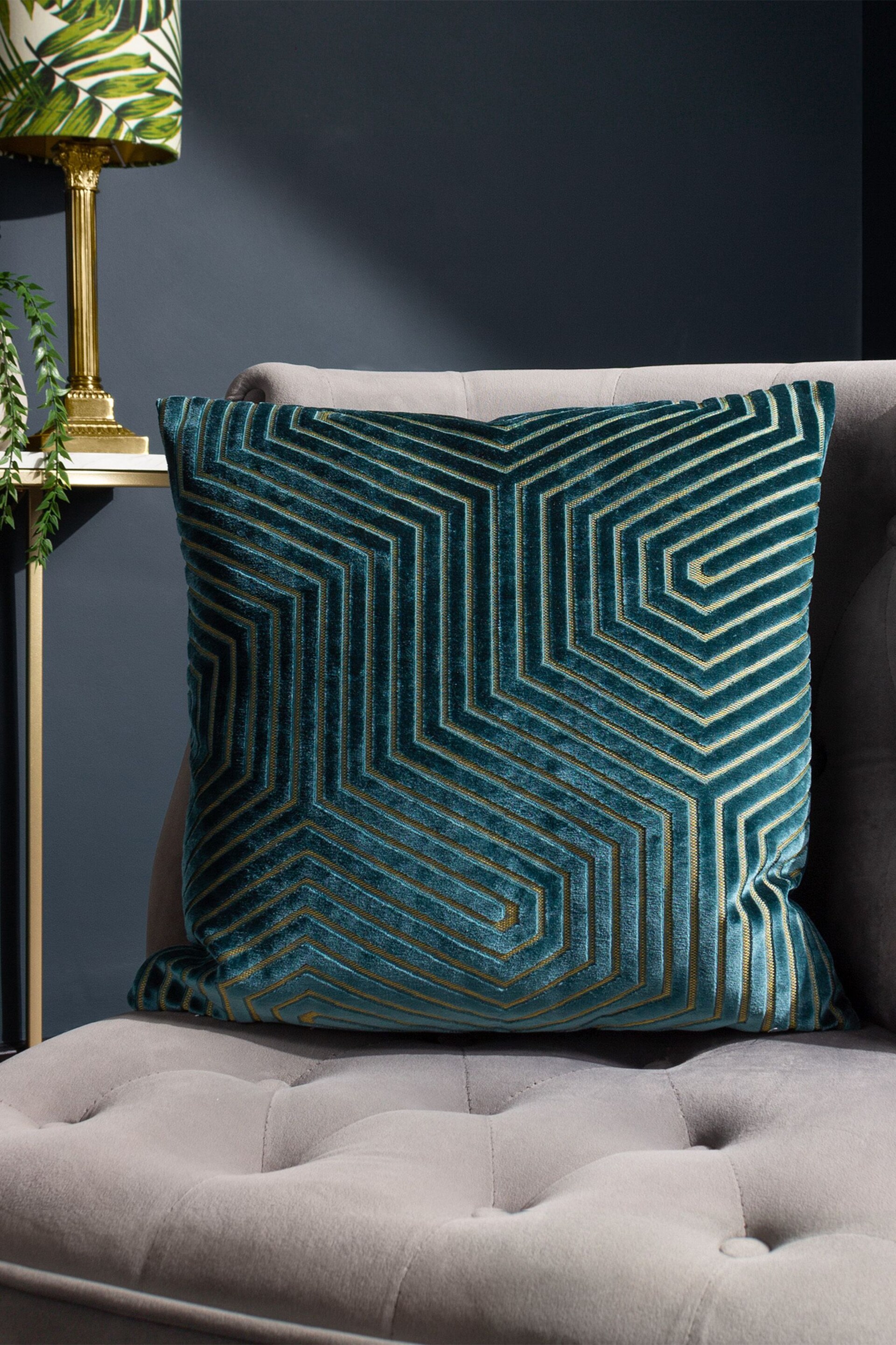 Riva Paoletti 2 Pack Teal Blue Evoke Geometric Cut Velvet Cushions - Image 5 of 5