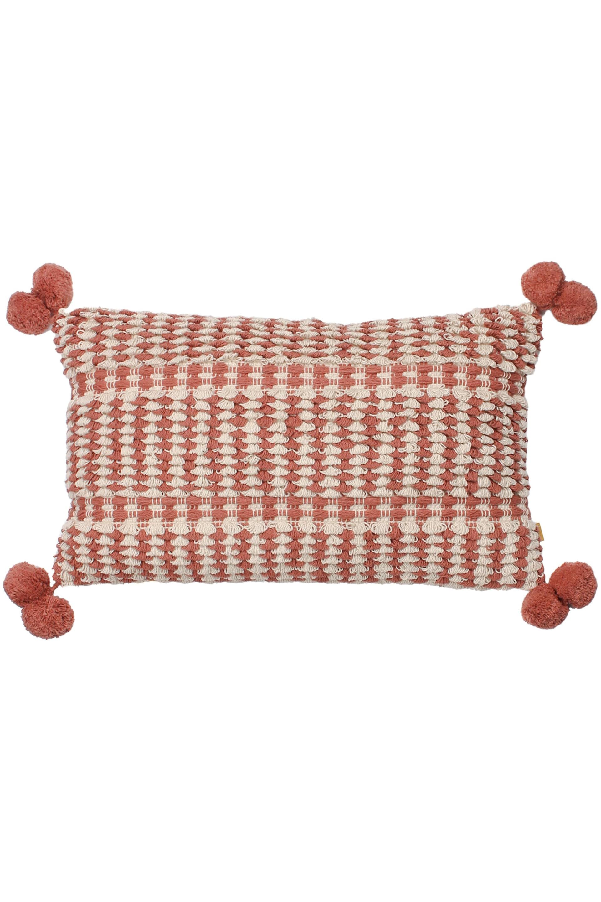 furn. Red Ayaan Woven Loop Tufted Cotton Double Pom Pom Cushion - Image 3 of 6