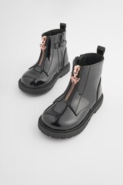 Black Patent Zip Front Charm Detail Ankle Boots - Image 3 of 8