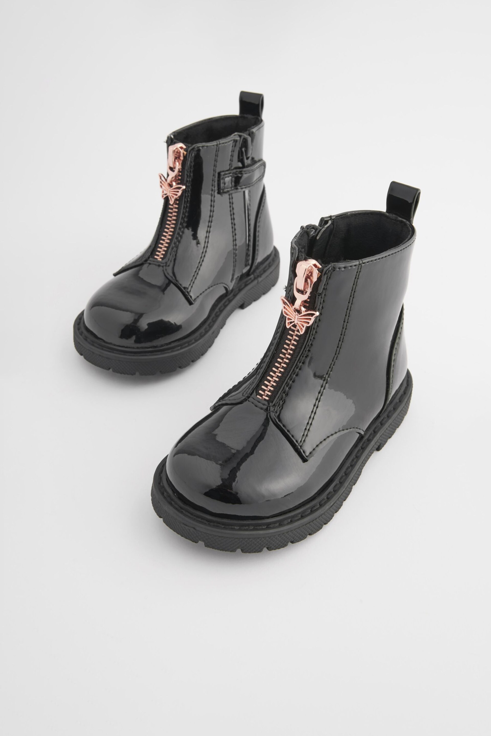 Black Patent Zip Front Charm Detail Ankle Boots - Image 3 of 8