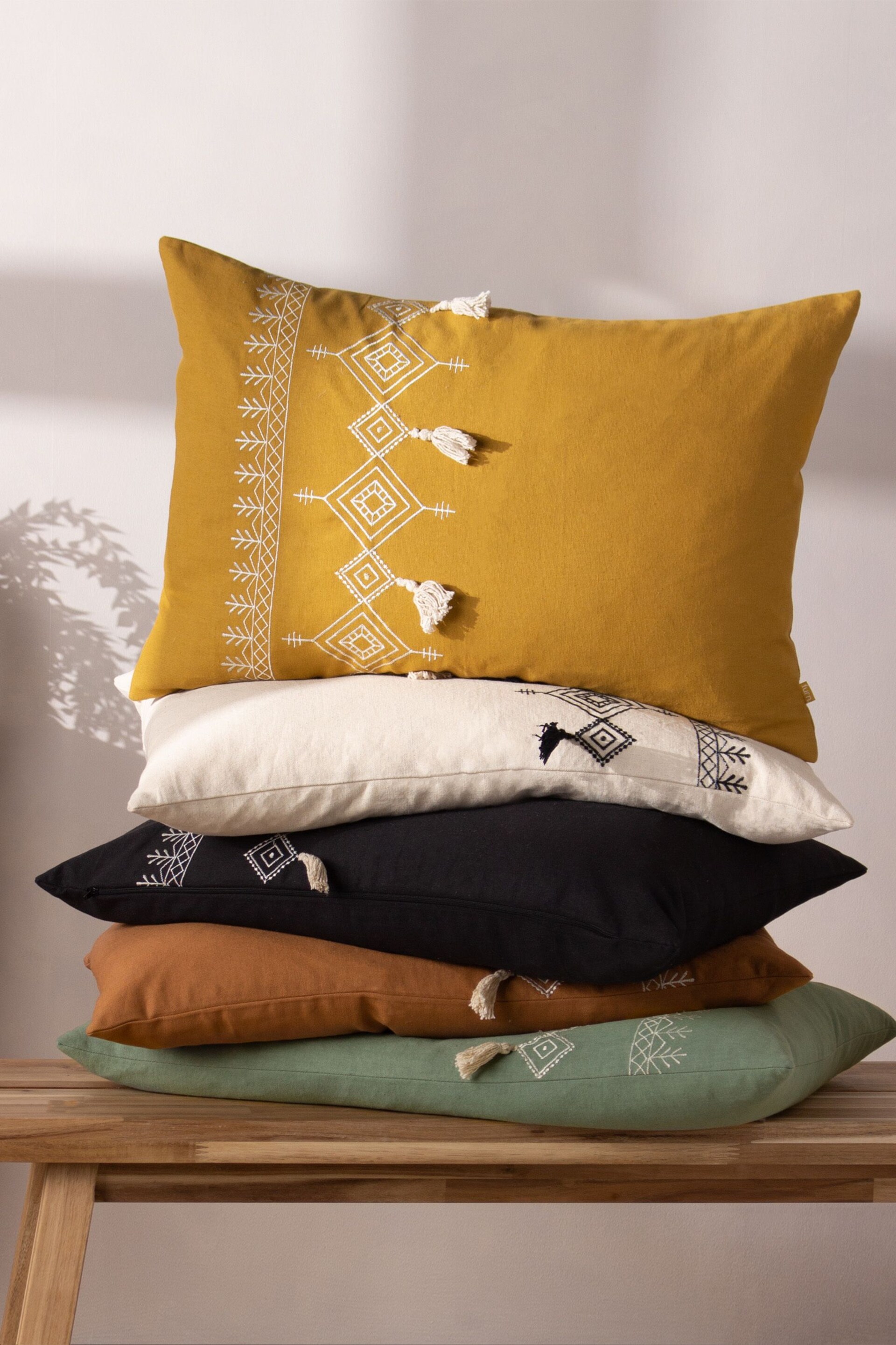 furn. Yellow Pritta Cotton Embroidered Tasselled Cushion - Image 1 of 6