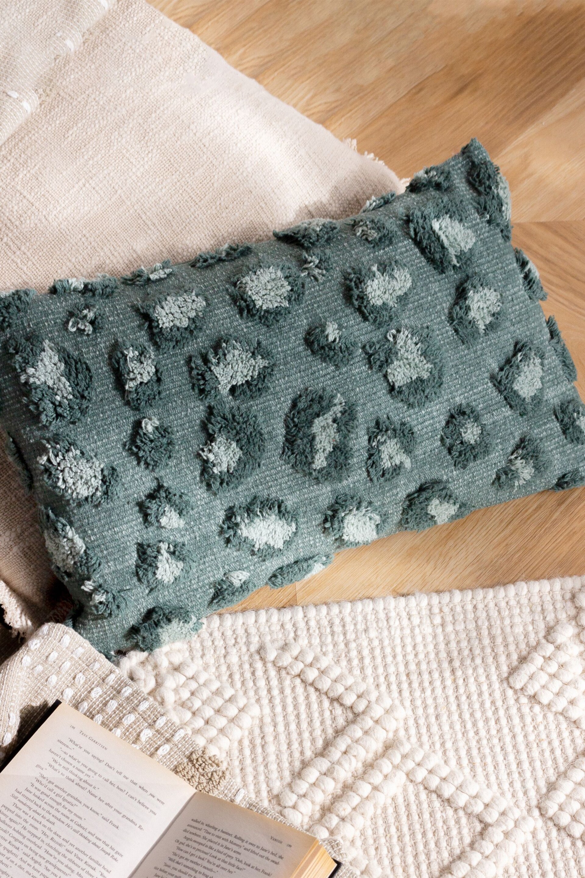 furn. Green Maeve Tonal Leopard Print Tufted Cotton Cushion - Image 1 of 7