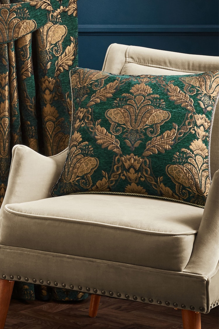 Riva Paoletti Green Shiraz Danmask Jacquard Floral Cushion - Image 1 of 5