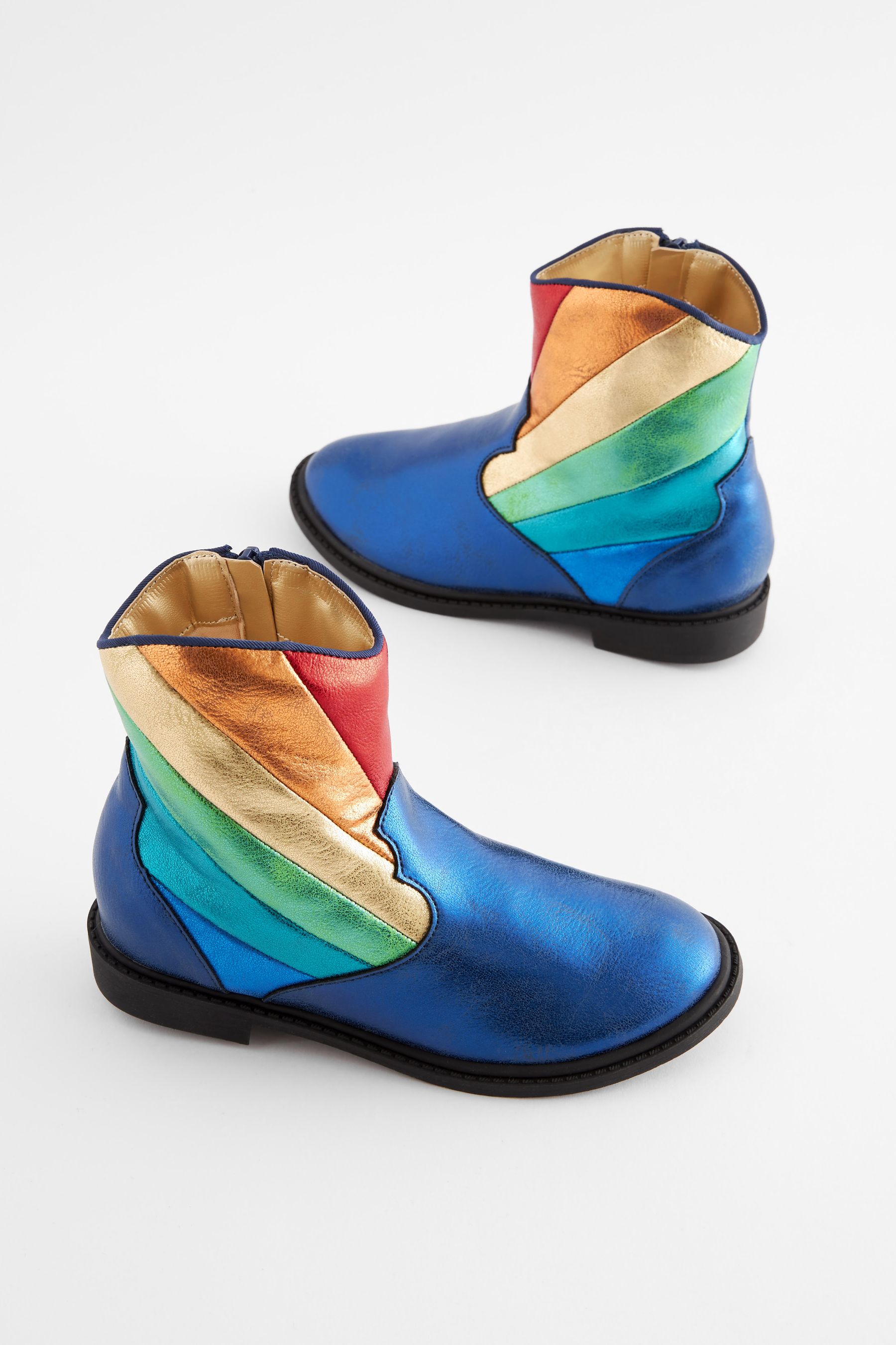 Little Bird by Jools Oliver Navy Younger Rainbow Striped Metallic Western Boots