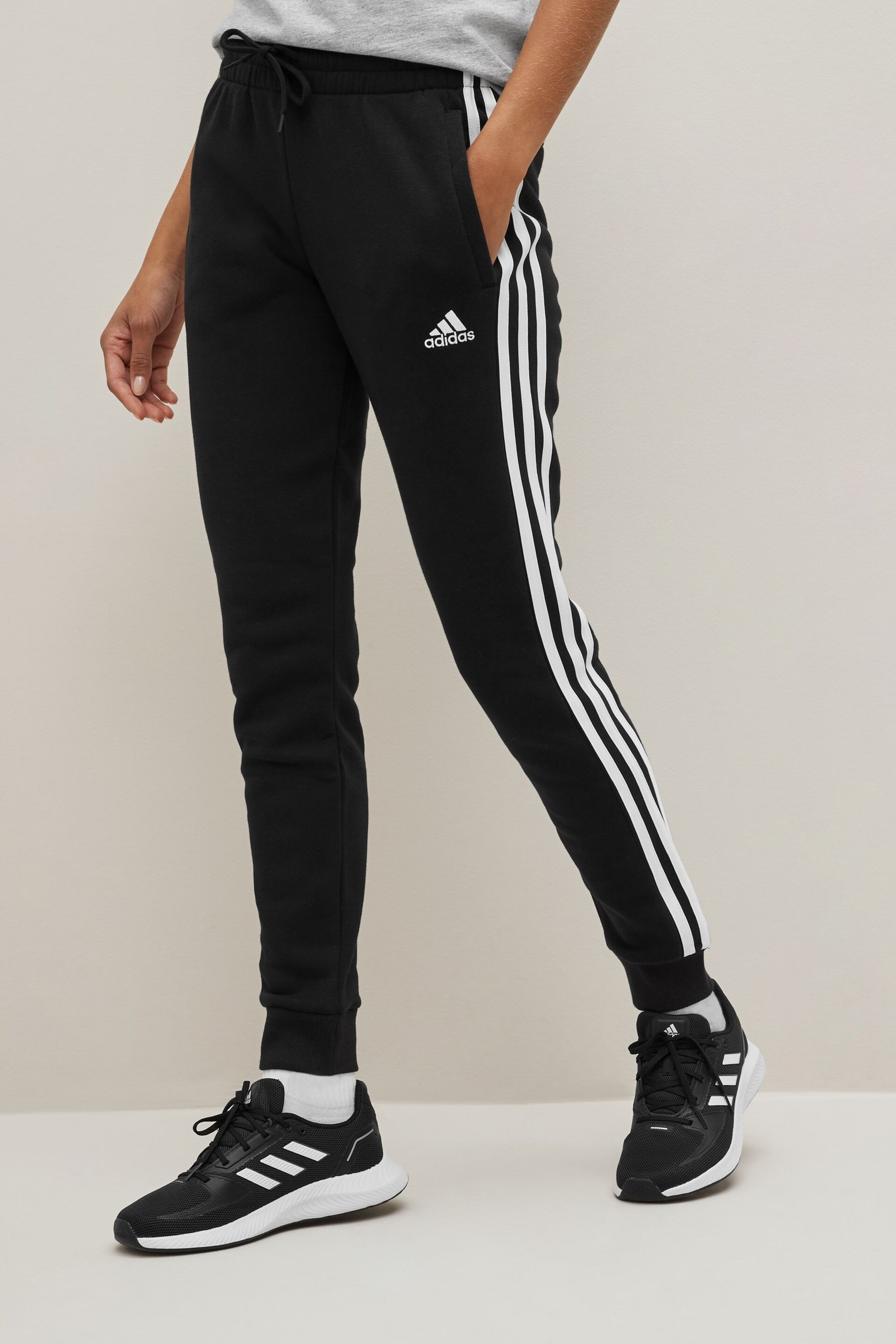adidas Black Essentials 3 Stripe Fleece Joggers - Image 4 of 6