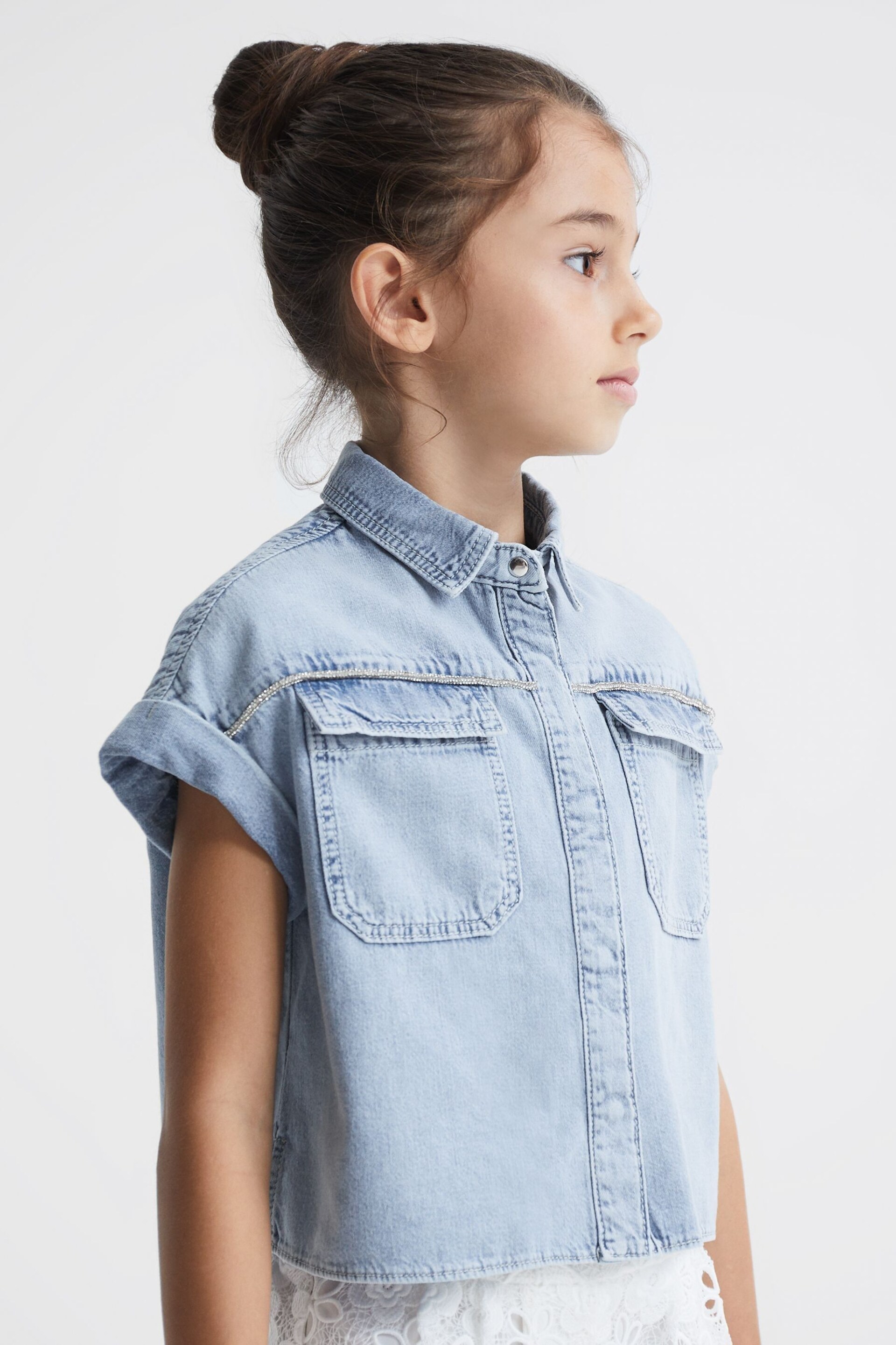 Reiss Mid Blue Sandie Junior Denim Crop Top - Image 1 of 6