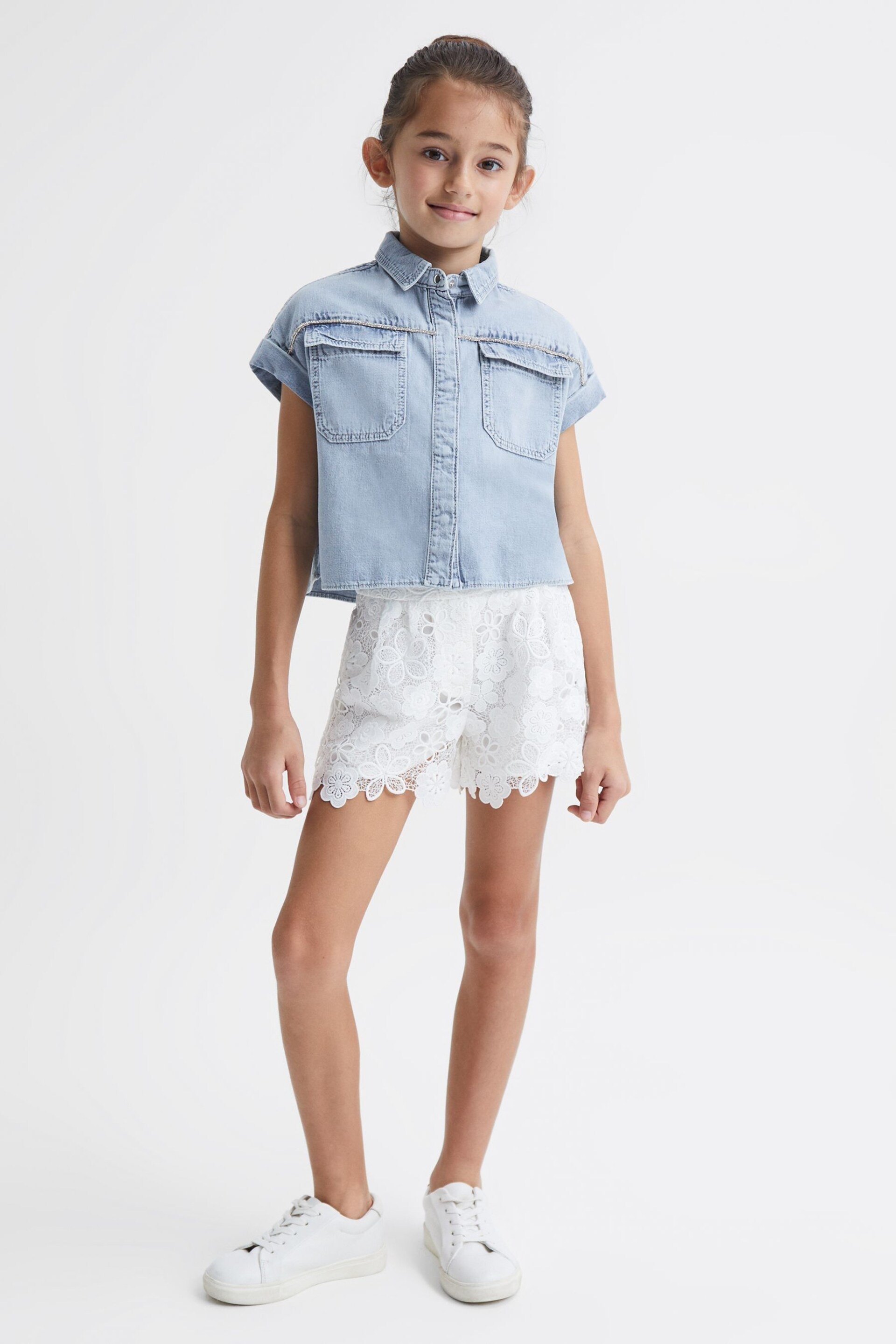 Reiss Mid Blue Sandie Junior Denim Crop Top - Image 3 of 6