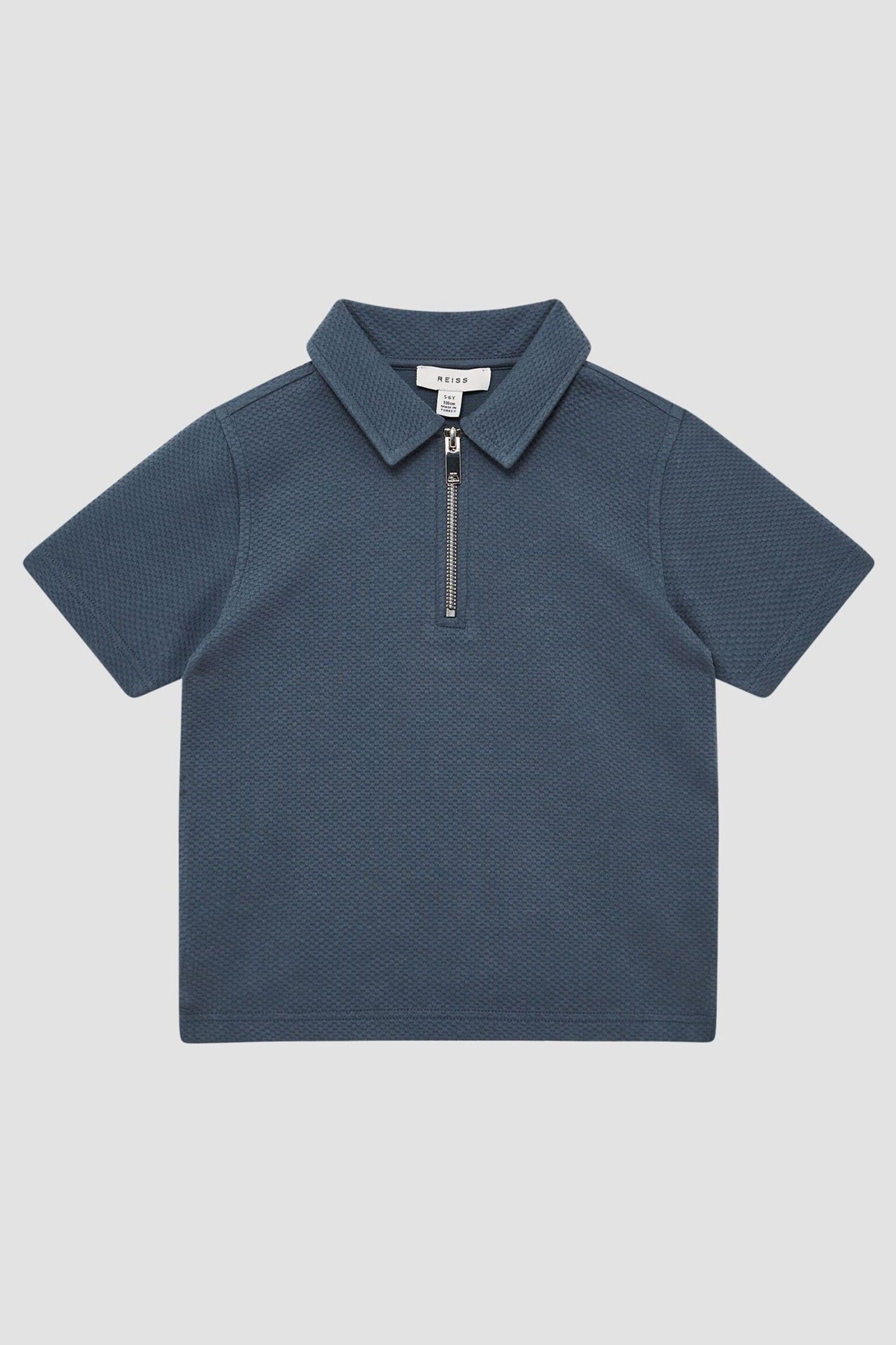 Reiss Royal Blue Creed Junior Slim Fit Textured Half Zip Polo Shirt - Image 2 of 6