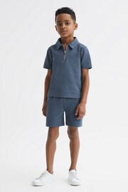 Reiss Royal Blue Creed Junior Slim Fit Textured Half Zip Polo Shirt - Image 3 of 6