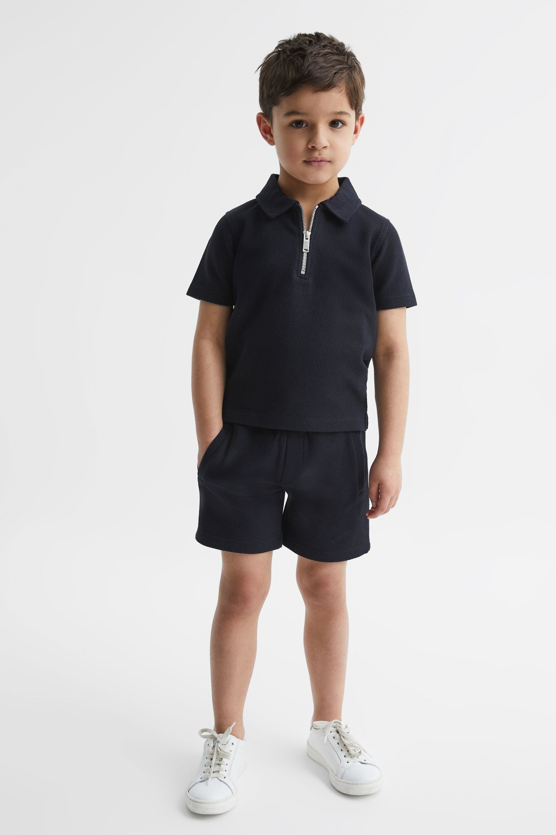 Reiss Navy Creed Junior Slim Fit Textured Half Zip Polo Shirt - Image 3 of 6
