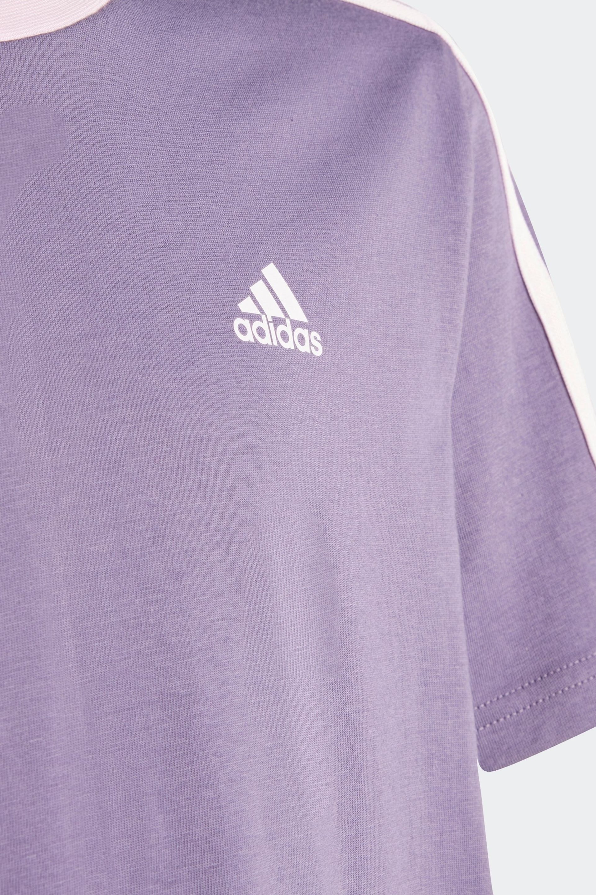 adidas Purple Boyfriend Loose Fit Sportswear Essentials 3-Stripes Cotton T-Shirt - Image 3 of 5