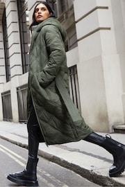 Threadbare Green Belted Diamond Quilted Padded Coat - Image 1 of 5