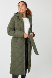 Threadbare Green Belted Diamond Quilted Padded Coat - Image 2 of 5