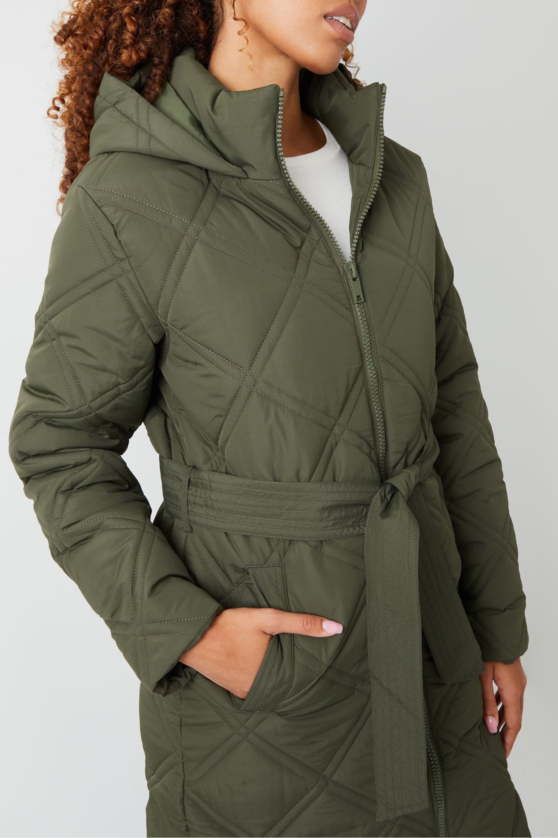 Threadbare Green Belted Diamond Quilted Padded Coat - Image 5 of 5