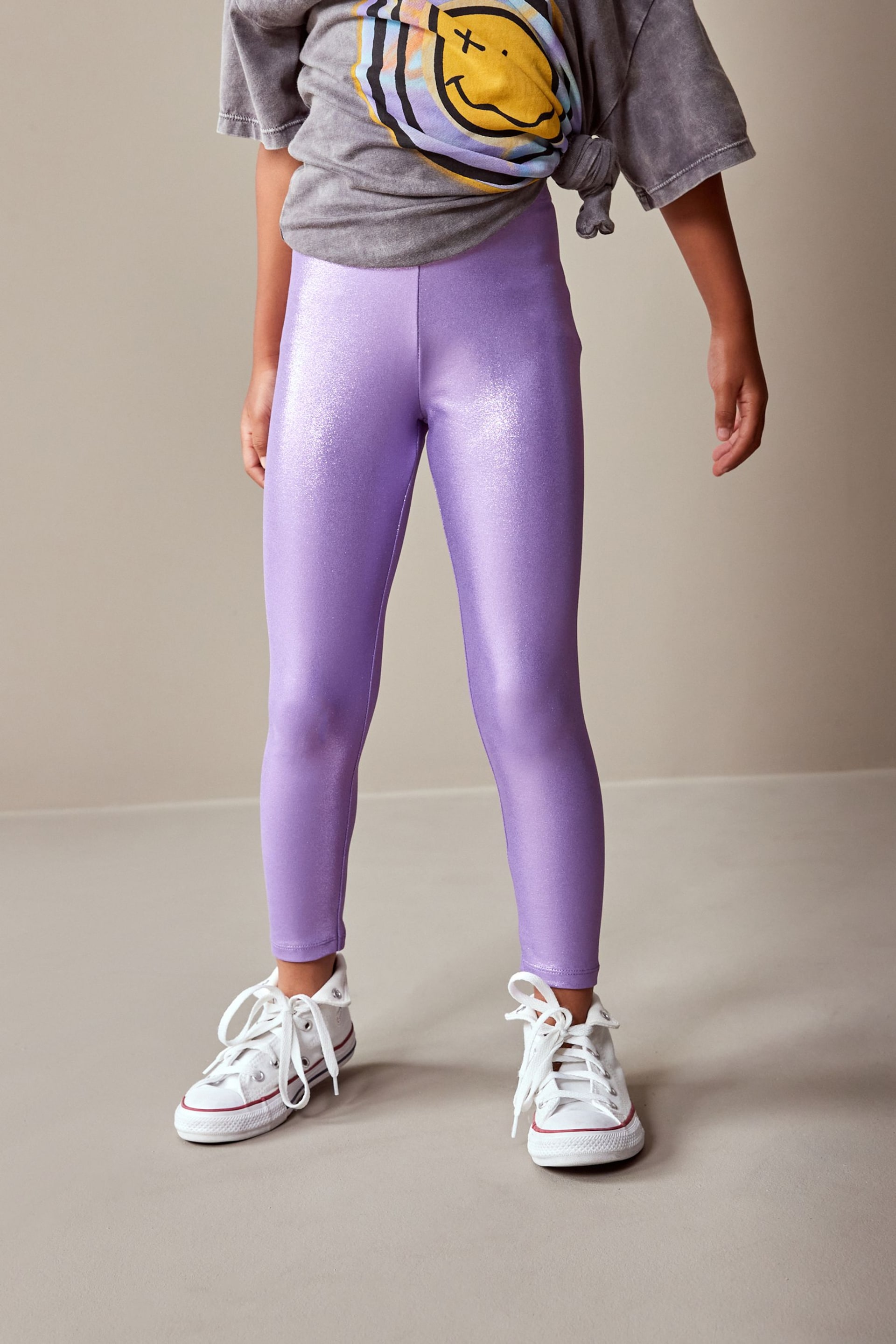Lilac Purple Metallic Foil Shiny Leggings (3-16yrs) - Image 2 of 7