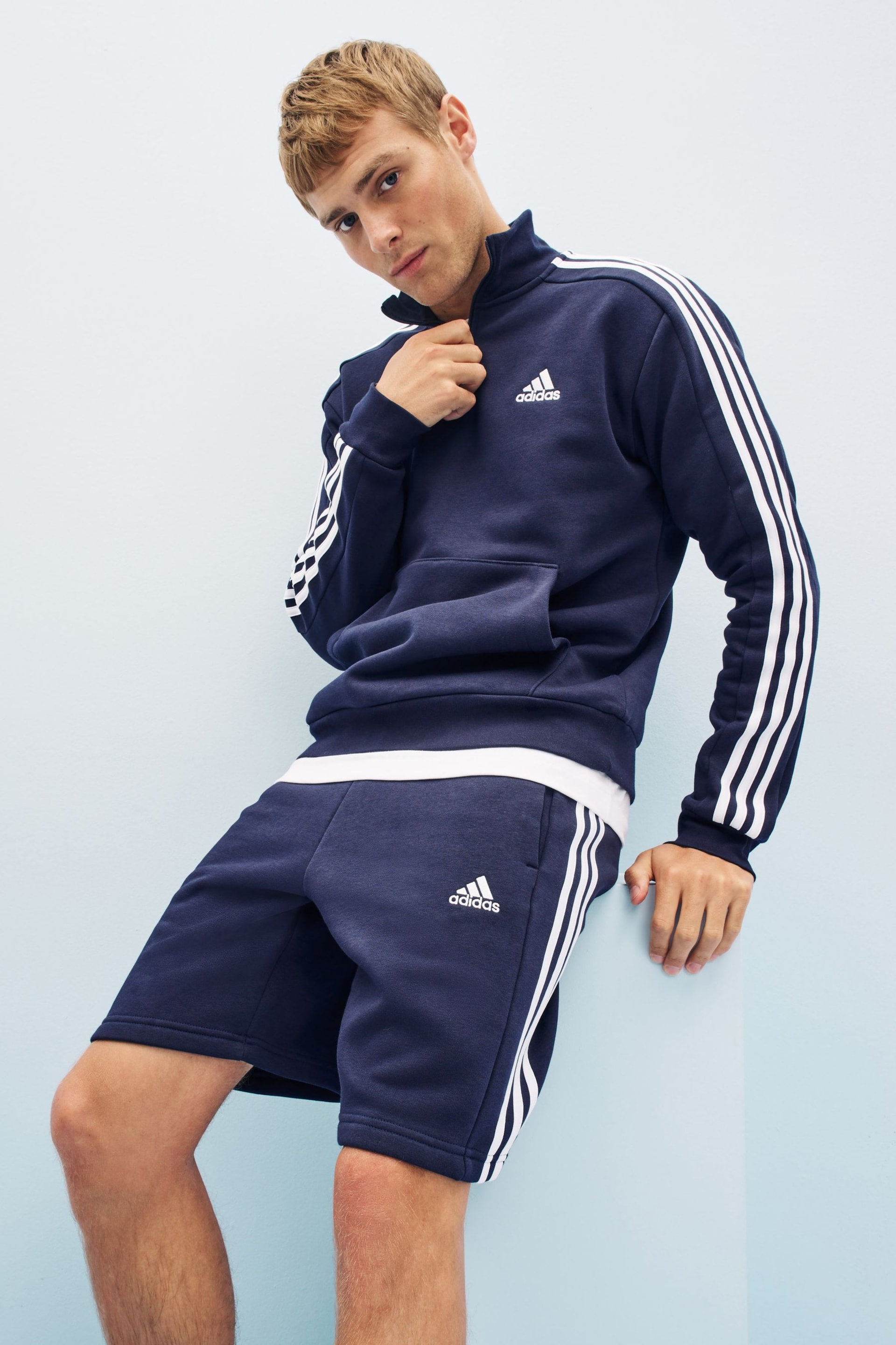 adidas Blue Sportswear Essentials Fleece 3-Stripes Shorts - Image 3 of 5