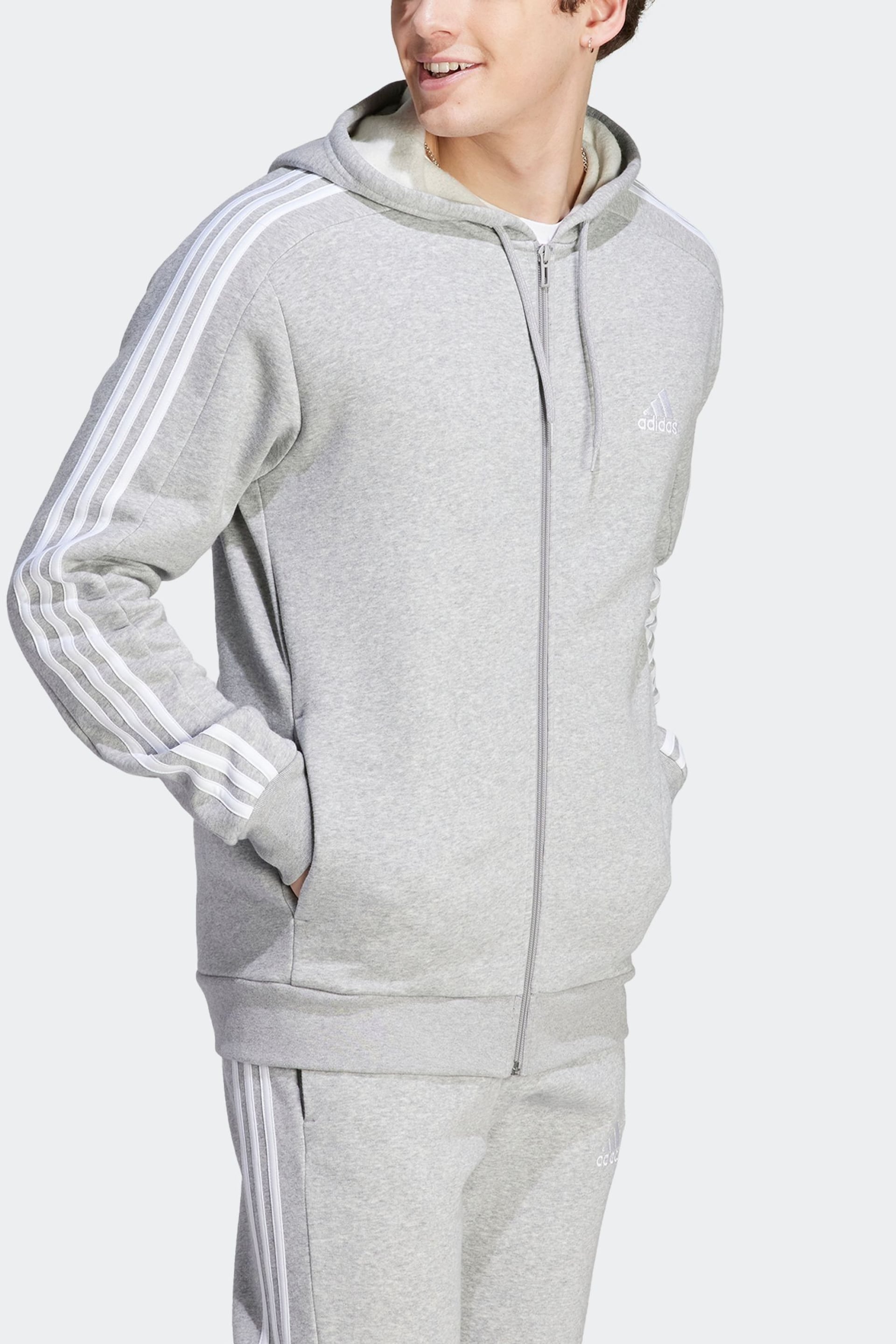 adidas Light Grey Essentials Fleece 3-Stripes Full Zip Hoodie - Image 2 of 7