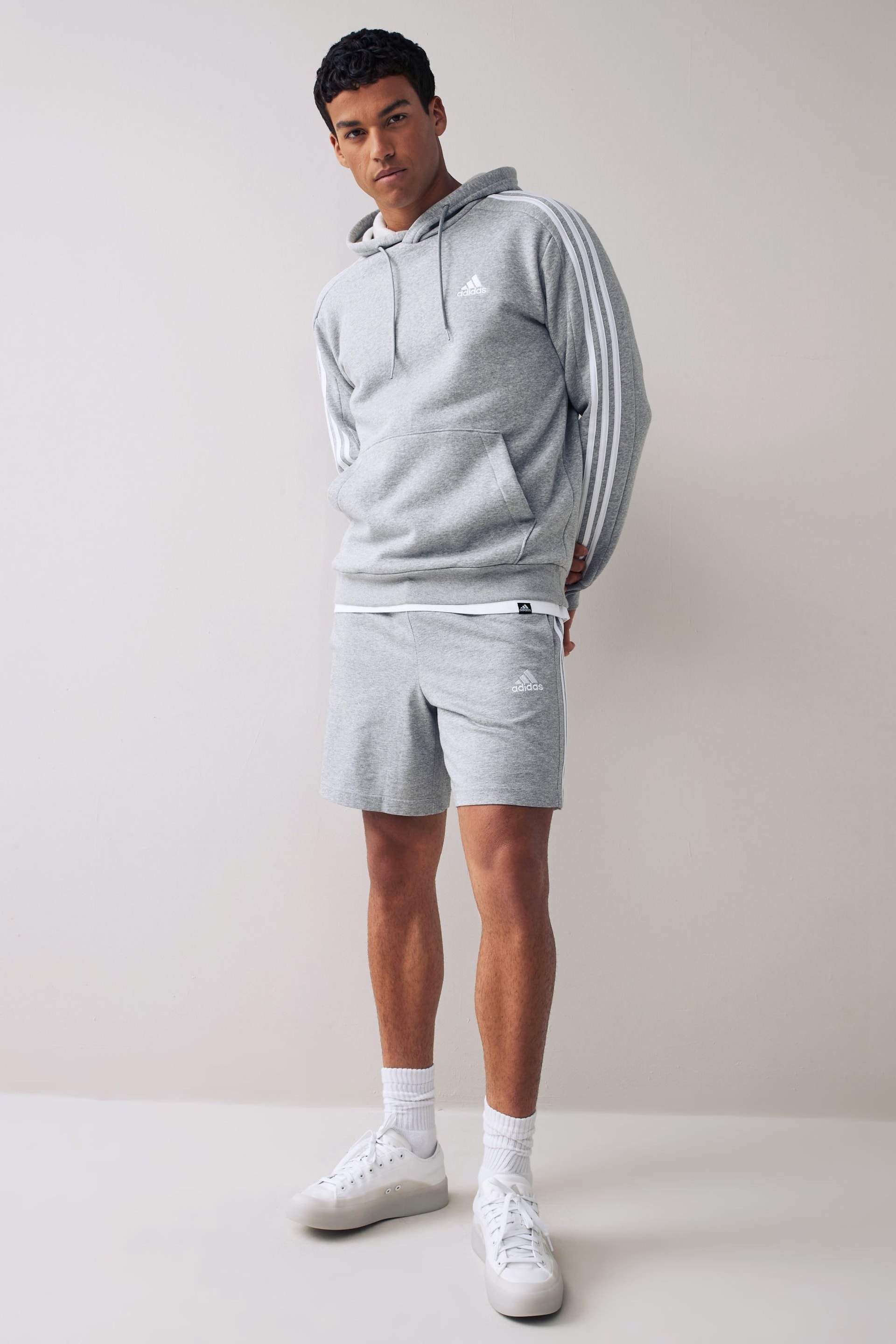 adidas Light Grey Essentials Fleece 3-Stripes Hoodie - Image 2 of 5