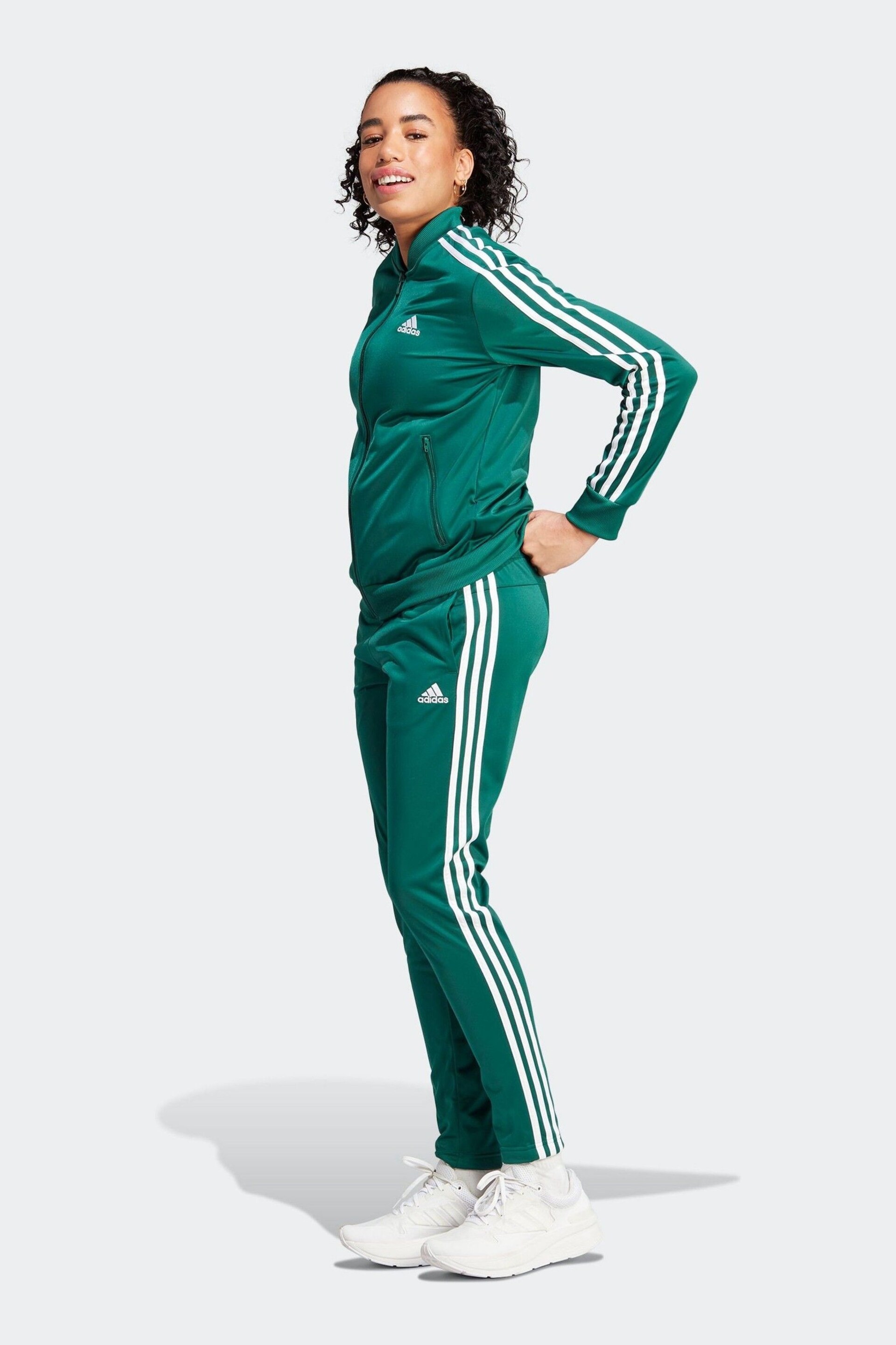 adidas Dark Green 3 Stripe Essentials Tracksuit - Image 1 of 8