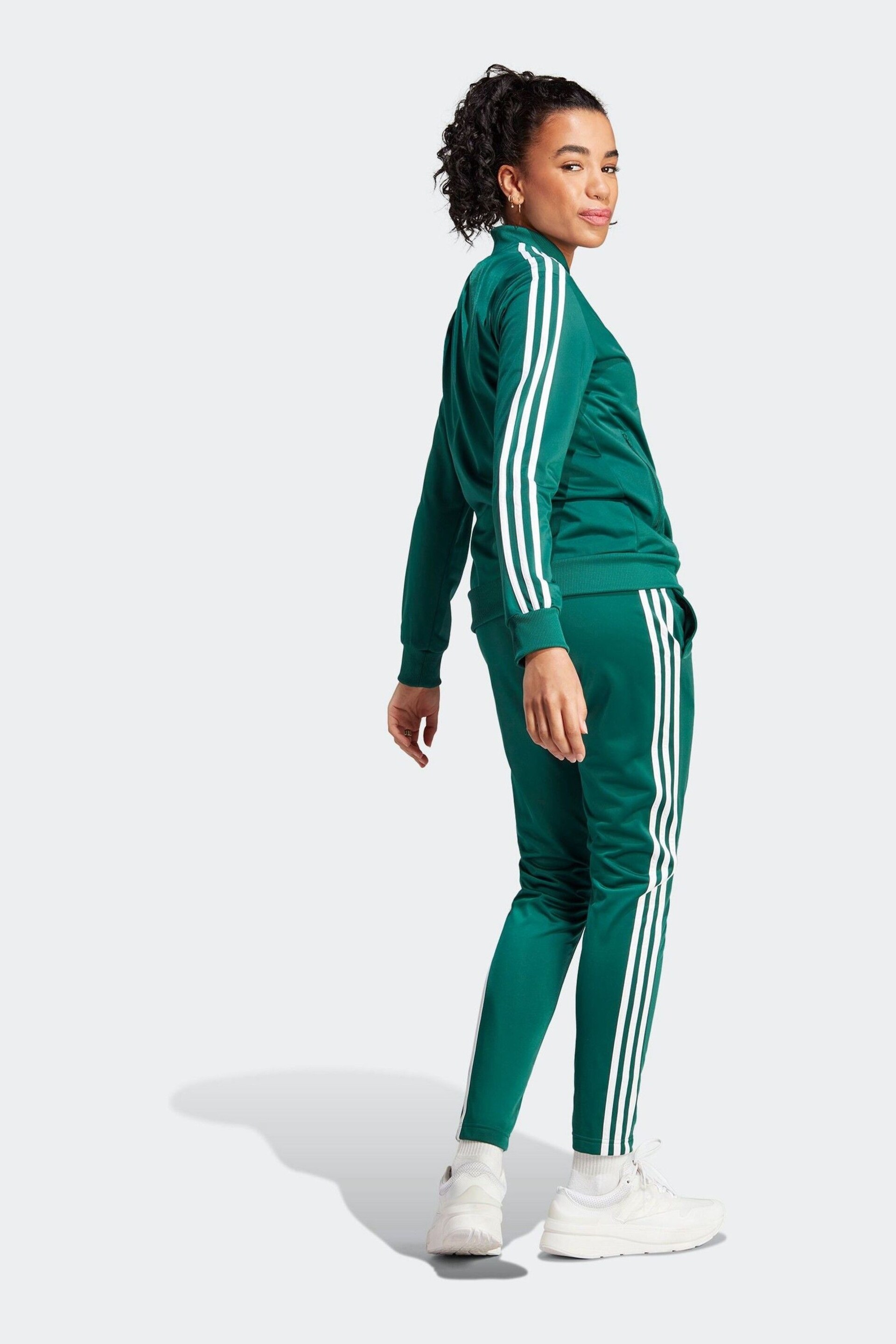 adidas Dark Green 3 Stripe Essentials Tracksuit - Image 2 of 8