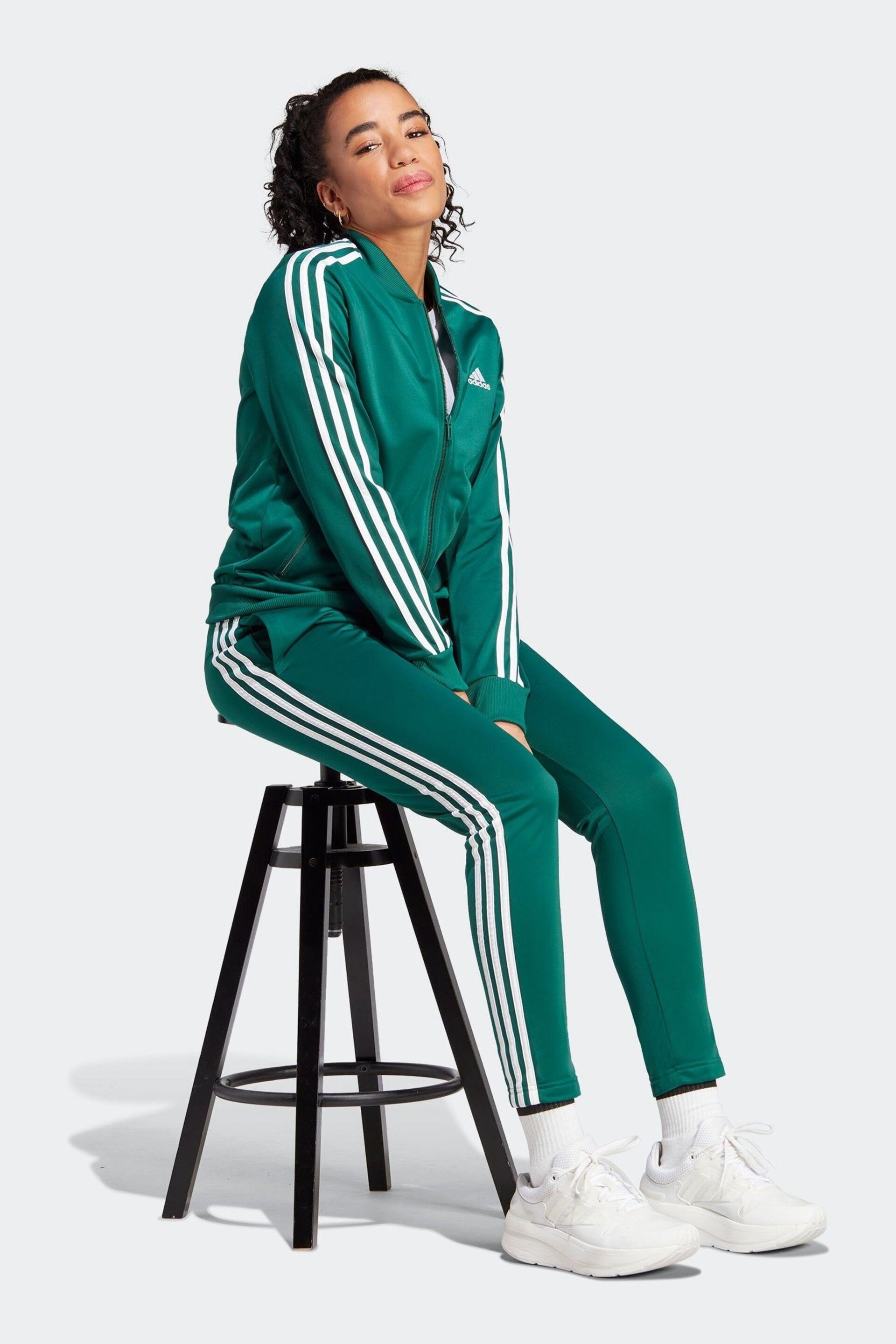 adidas Dark Green 3 Stripe Essentials Tracksuit - Image 3 of 8