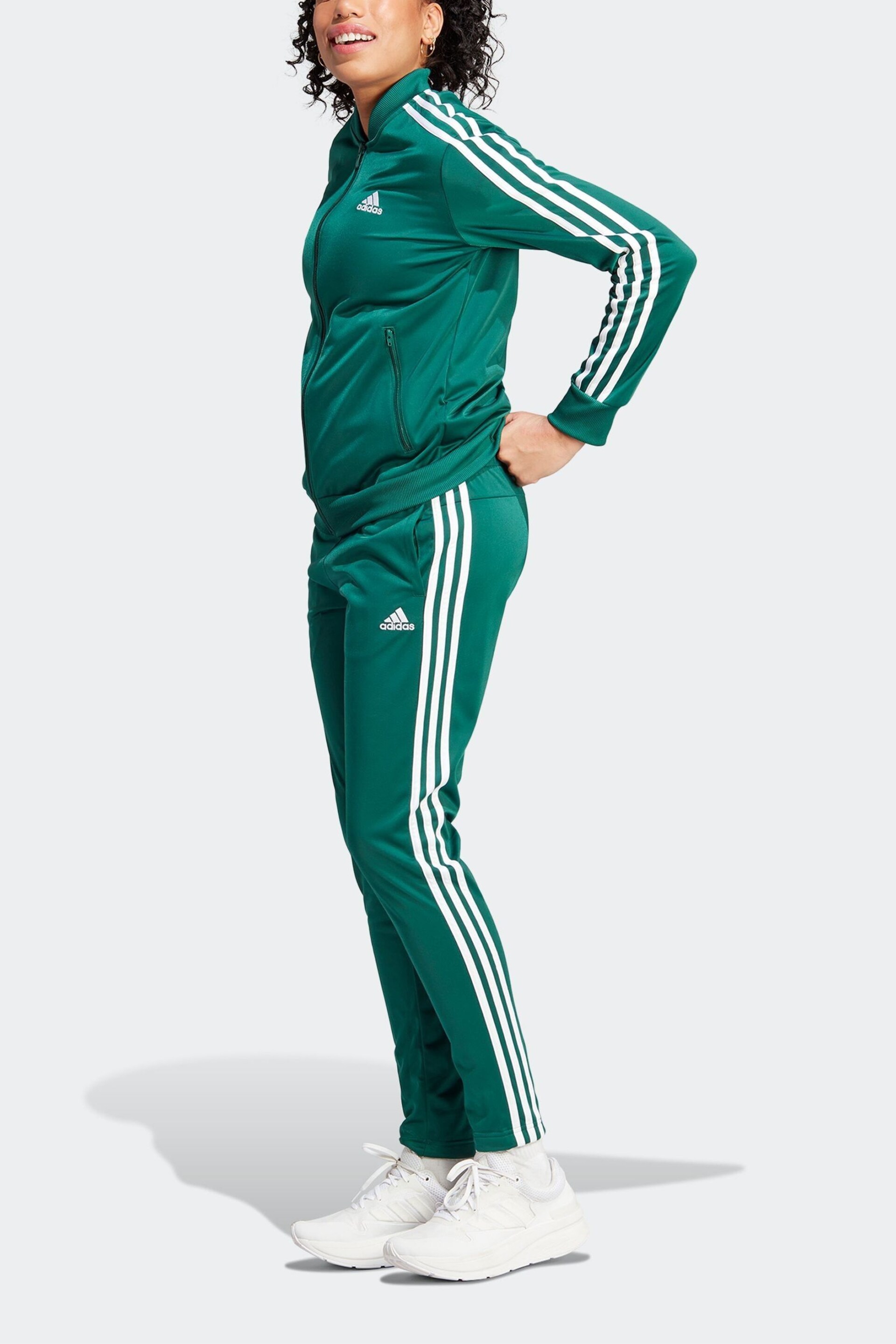 adidas Dark Green 3 Stripe Essentials Tracksuit - Image 4 of 8