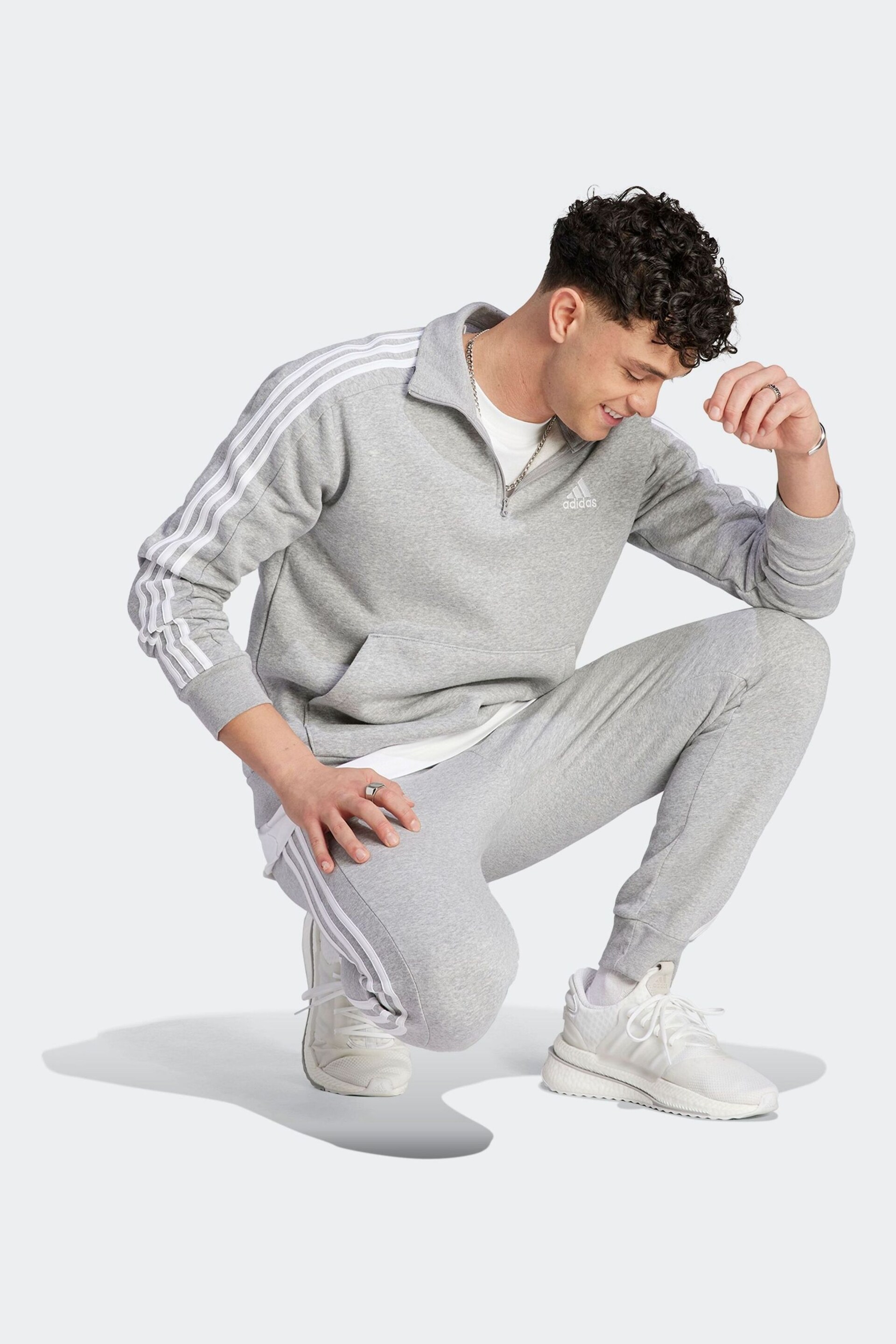 adidas Grey Essentials Fleece 3-Stripes 1/4-Zip Sweatshirt - Image 3 of 7