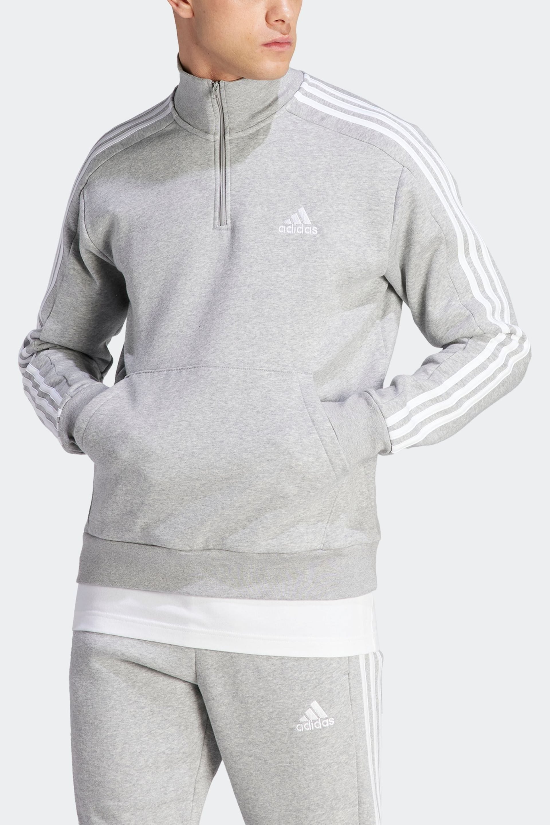 adidas Grey Essentials Fleece 3-Stripes 1/4-Zip Sweatshirt - Image 4 of 7