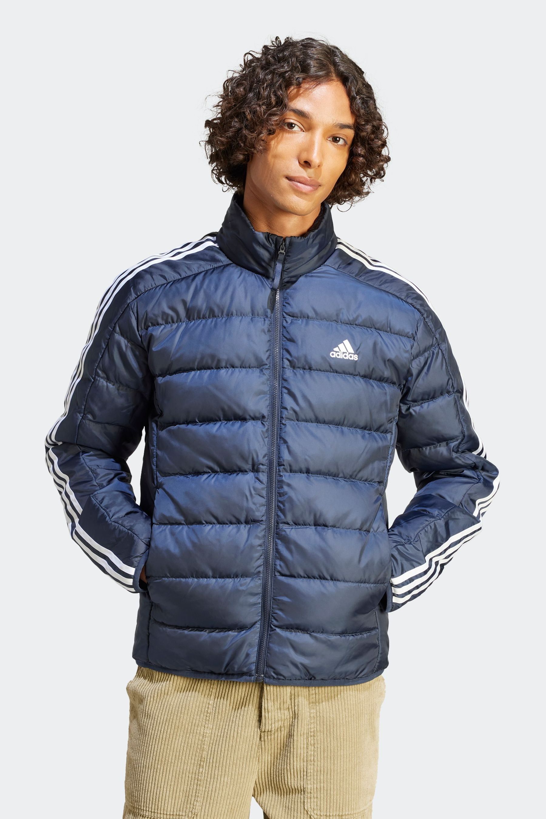Blue adidas jacket with white stripes sale