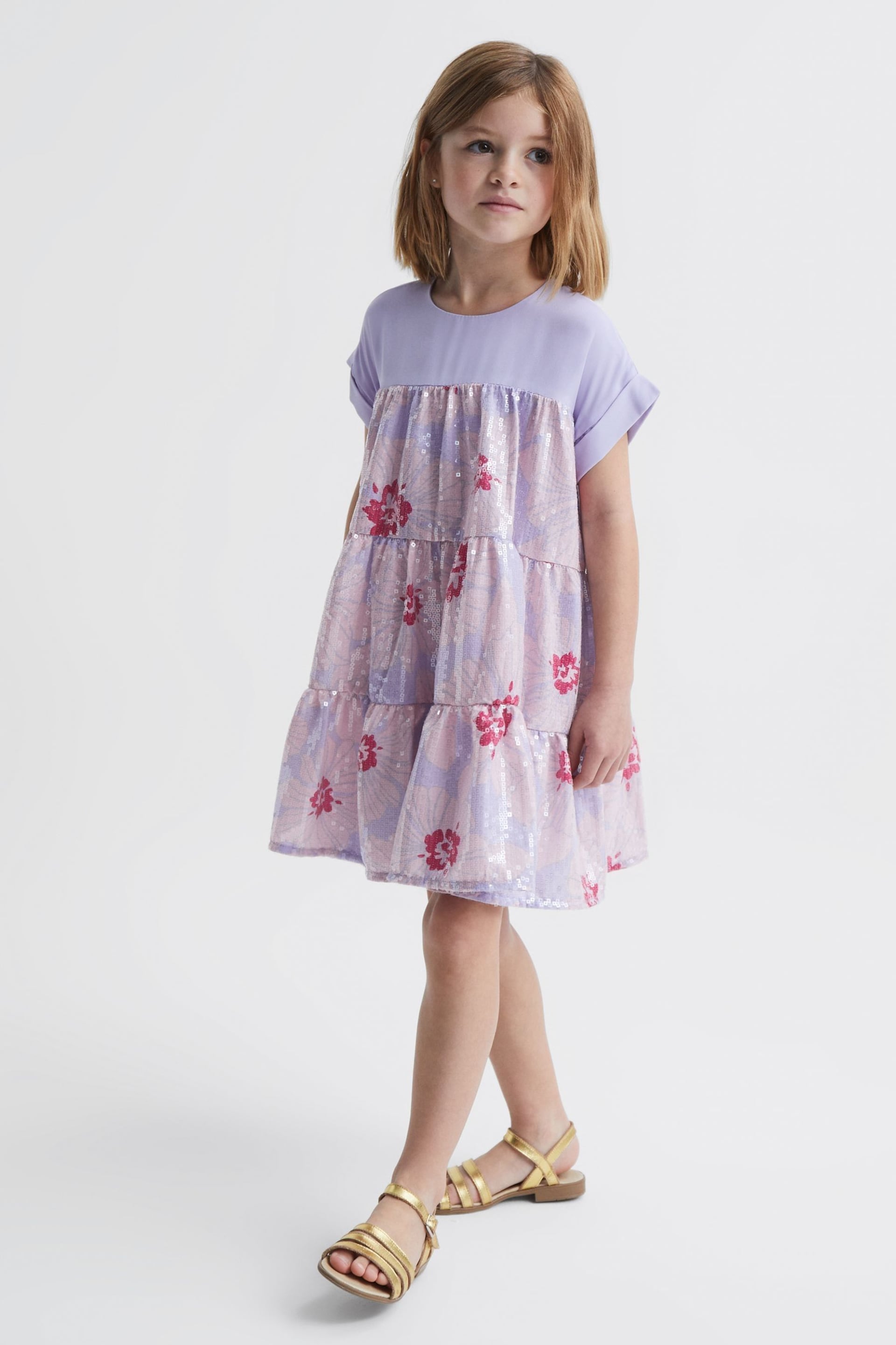 Reiss Lilac Luci Junior Sequin Tiered Dress - Image 1 of 7