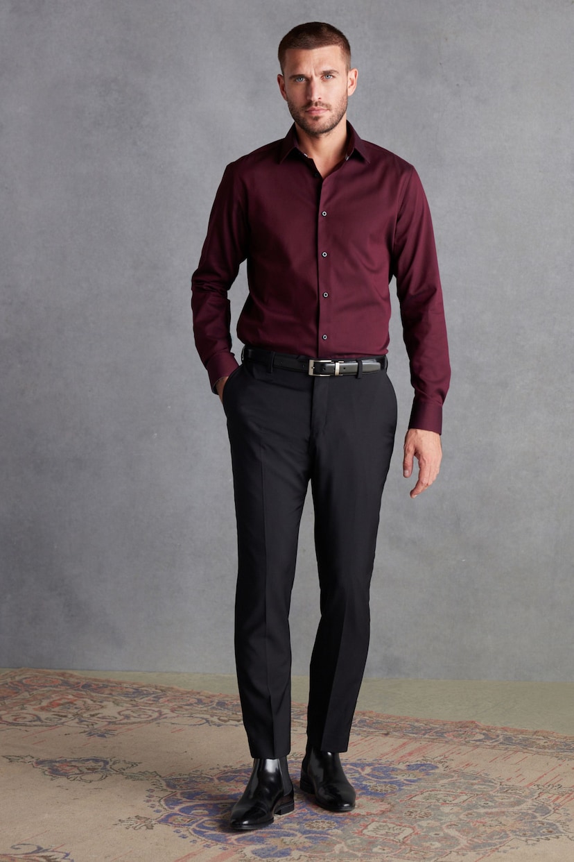 Burgundy Red Slim Fit Signature Textured Single Cuff Shirt With Trim Detail - Image 2 of 7