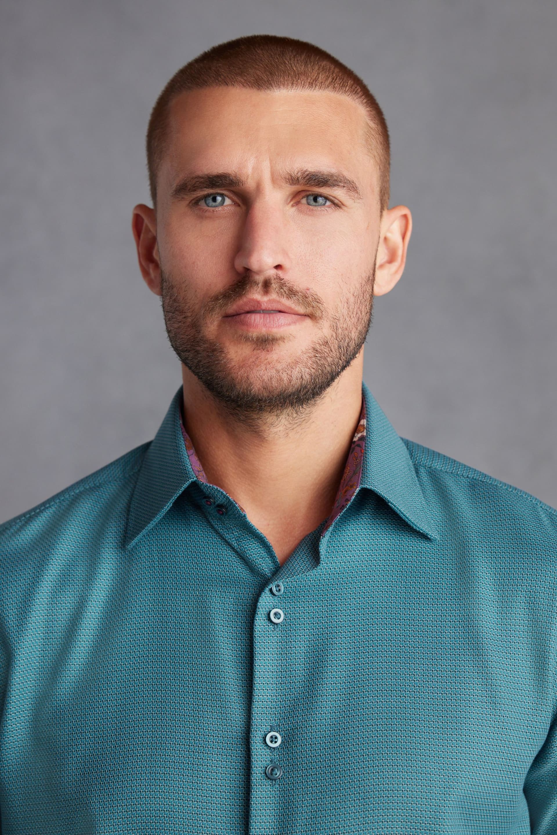 Teal Blue Slim Fit Single Cuff Signature Trimmed Shirt - Image 1 of 7