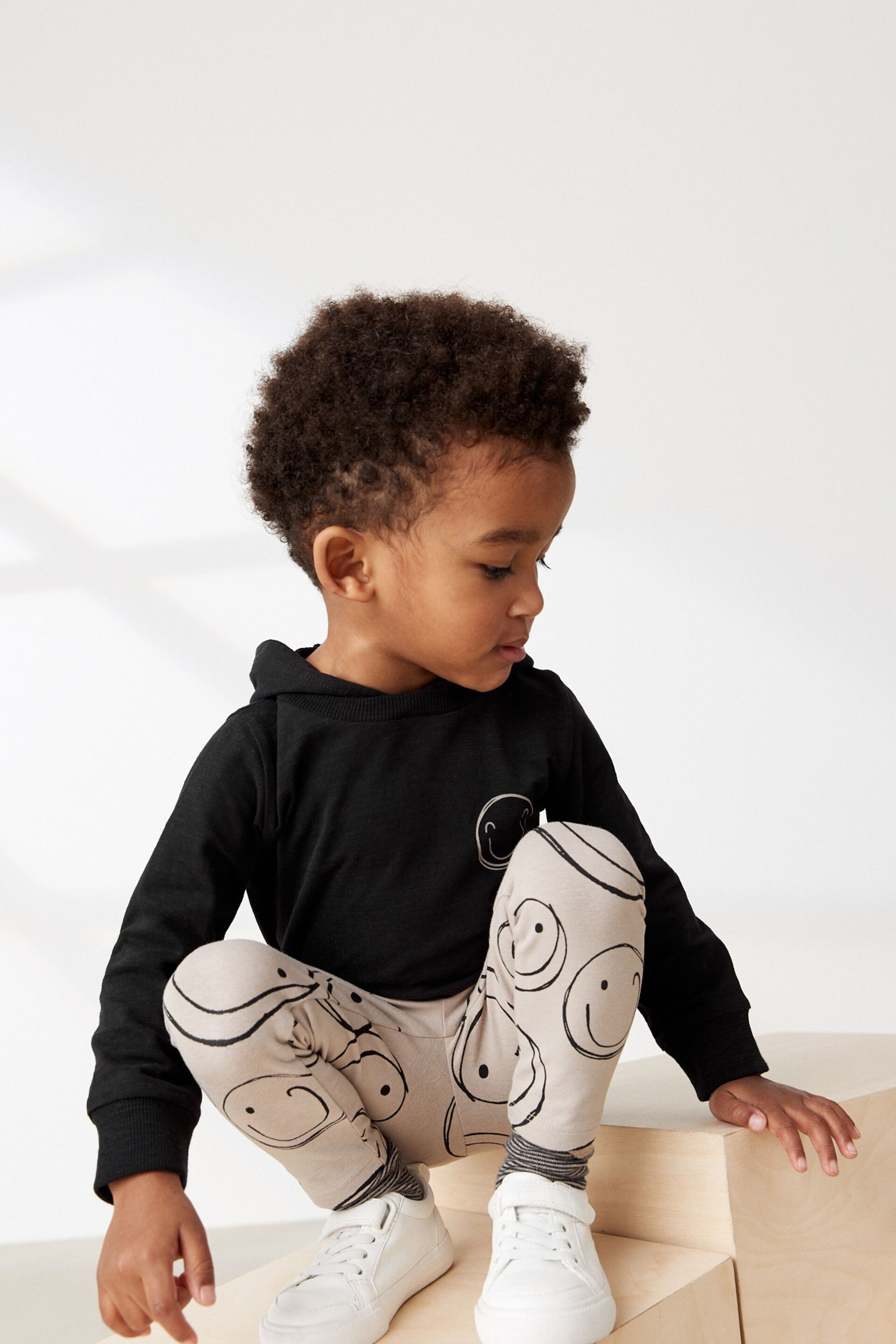 Black/Ecru Cream Smile Face Long Sleeve Hoodie And Leggings Set (3mths-7yrs) - Image 3 of 6