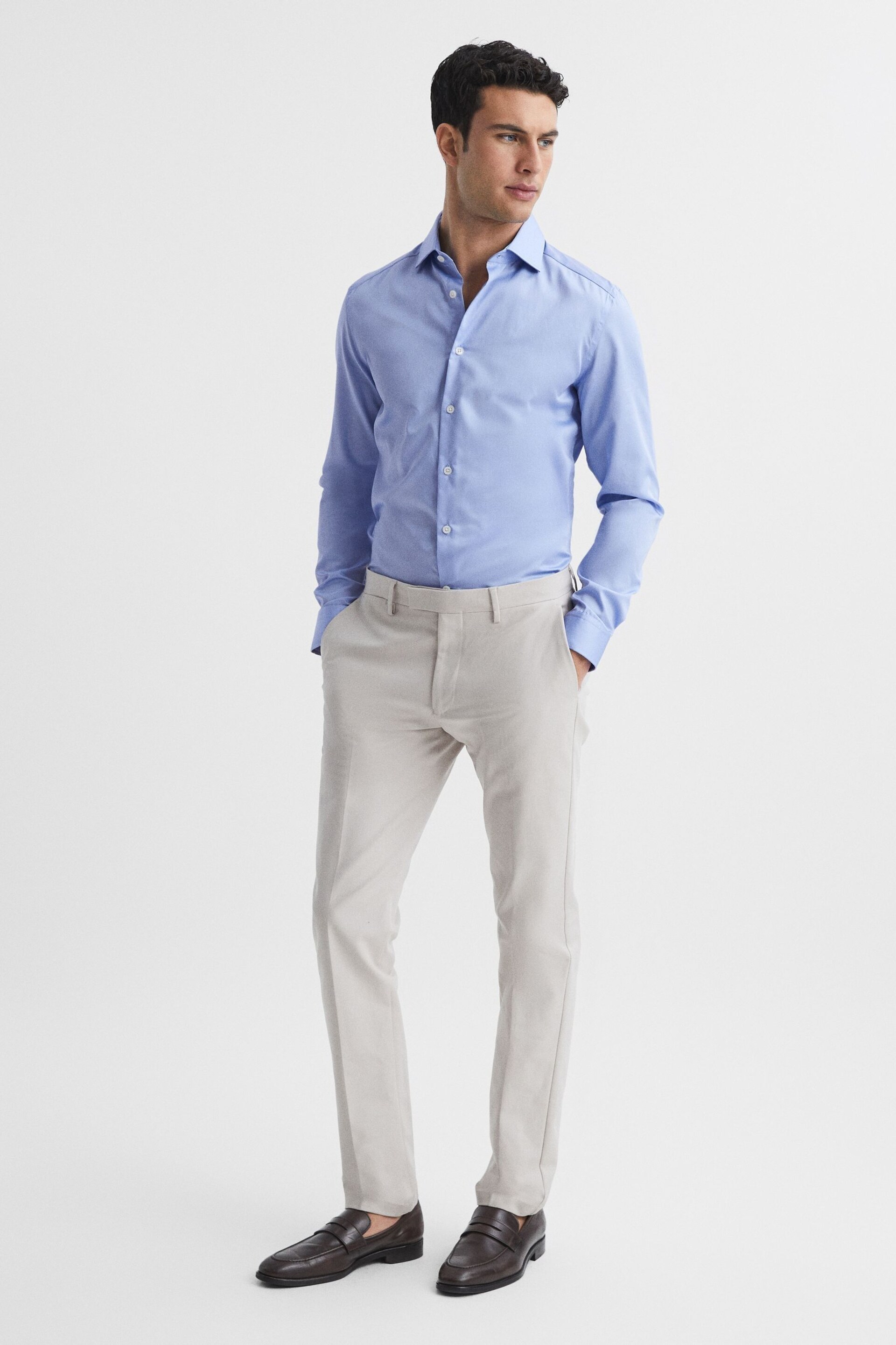 Reiss Mid Blue Remote Cotton Satin Slim Fit Shirt - Image 3 of 6