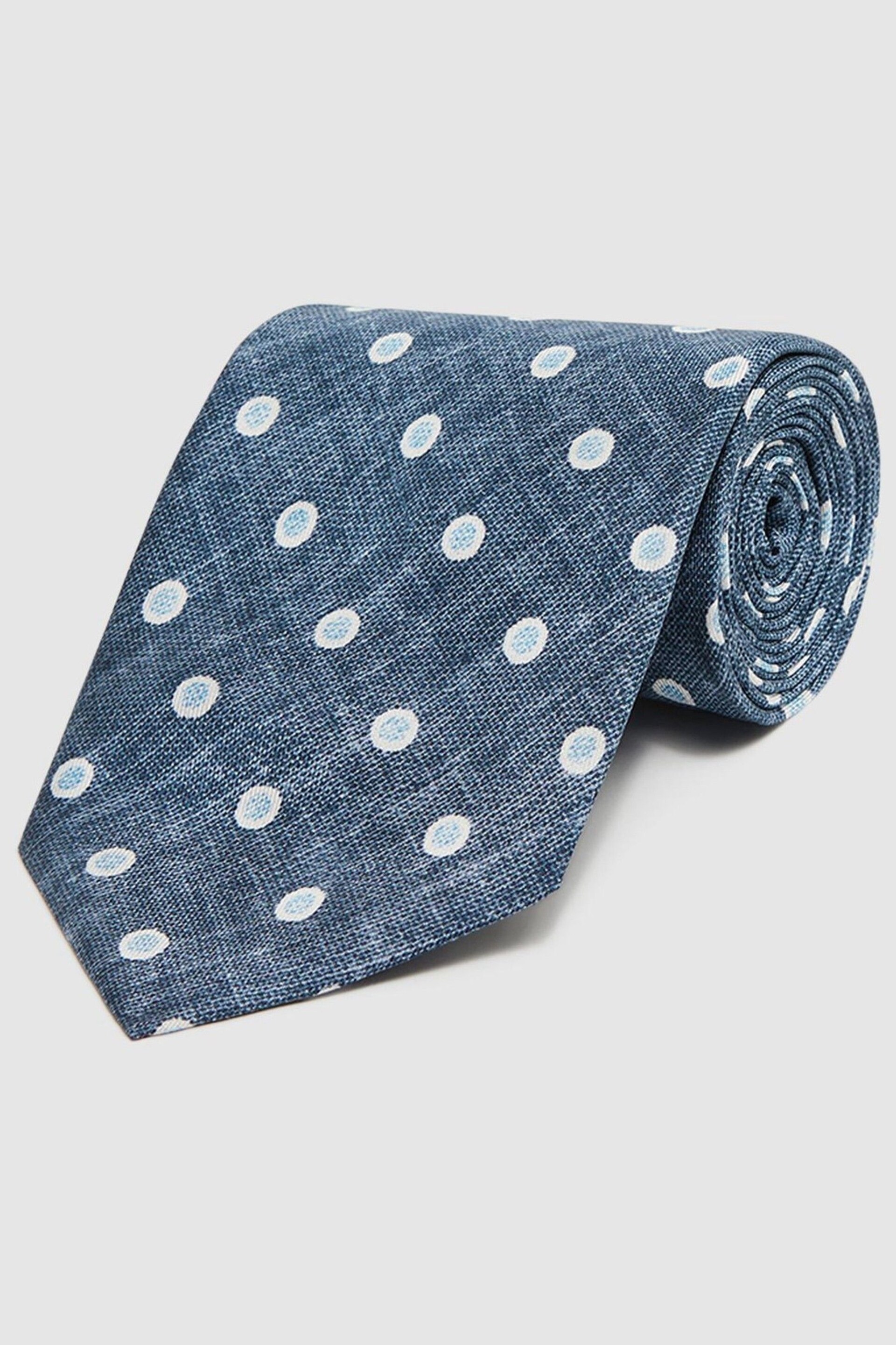 Reiss Washed Indigo Melange Porto Silk Polka Dot Print Tie - Image 3 of 5